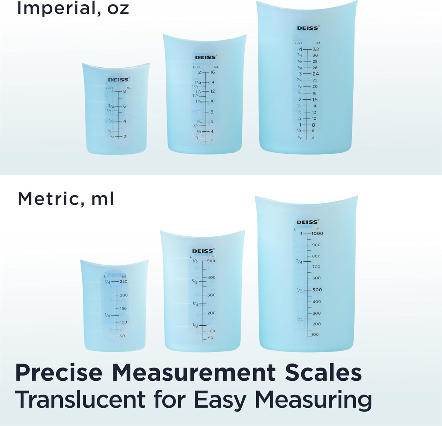Deiss PRO 3 Piece Silicone Measuring Cup Set - Versatile & Durable, Easy-Pour Spout, Non-Stick for Easy Clean, Heat-Resistant - Squeeze & Pour Liquid Measuring Cups - Ideal for Baking, Cooking, Resin