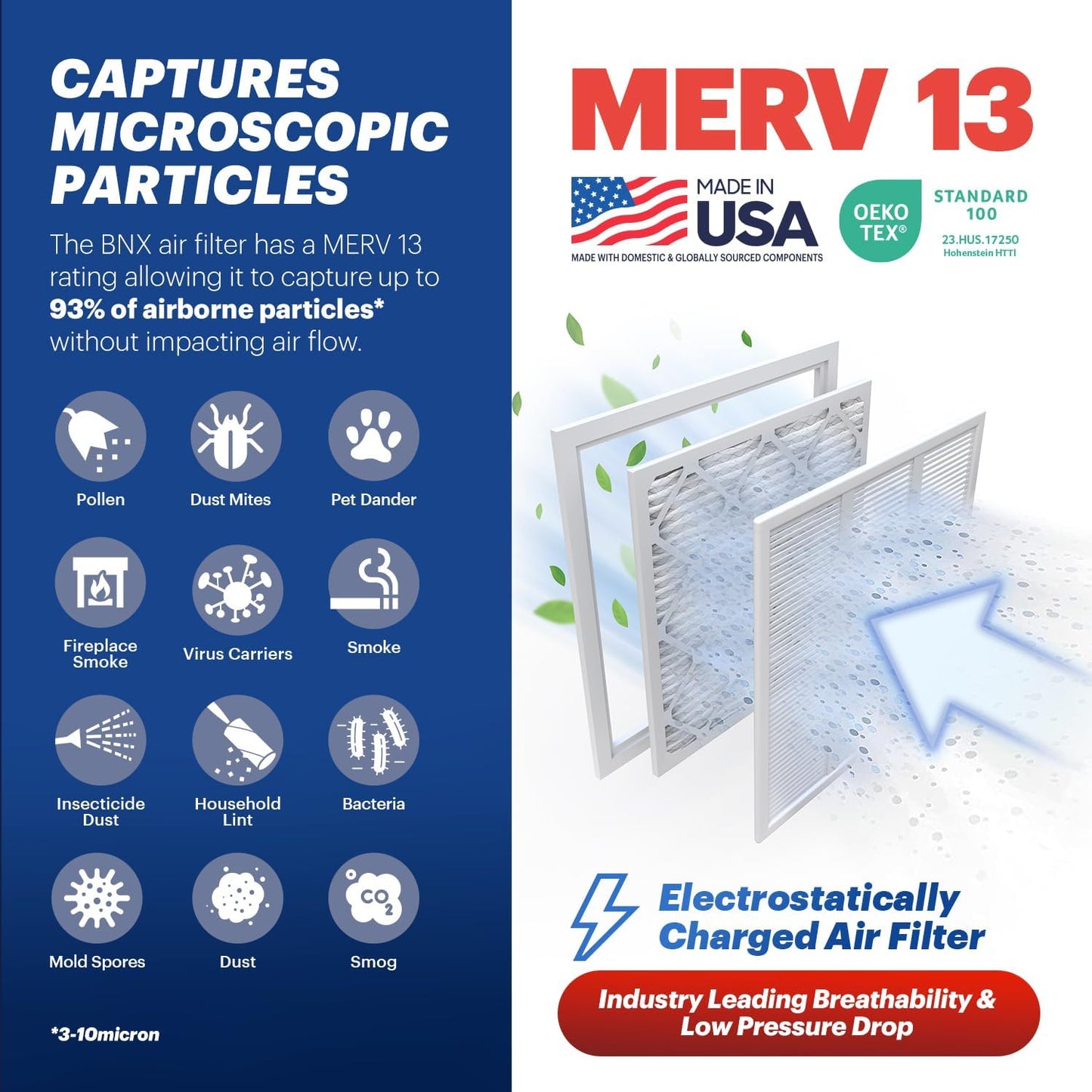 BNX TruFilter 18x20x1 Air Filter MERV 13 (6-Pack) - MADE IN USA - Electrostatic Pleated Air Conditioner HVAC AC Furnace Filters for Allergies, Pollen, Mold, Bacteria, Smoke, Allergen, MPR 1900 FPR 10