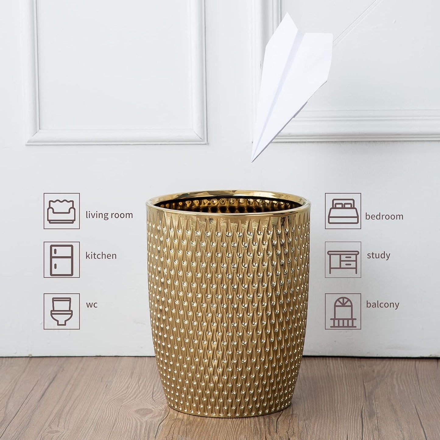 Modern Golden Small Trash Can Wastebasket, Garbage Container Bin for Bathrooms, Powder Rooms, Kitchens, Home Offices - Durable Ceramics - Round