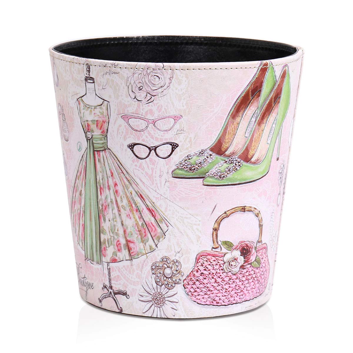 PU Leather Small Trash Can Wastebasket, Round Garbage Container Basket for Bathrooms, Laundry Room, Kitchens, Offices, Kids Rooms, Bedrooms,Dorms,Home Decorative Art Bin, 2.9 Gallon(Fashion Style)