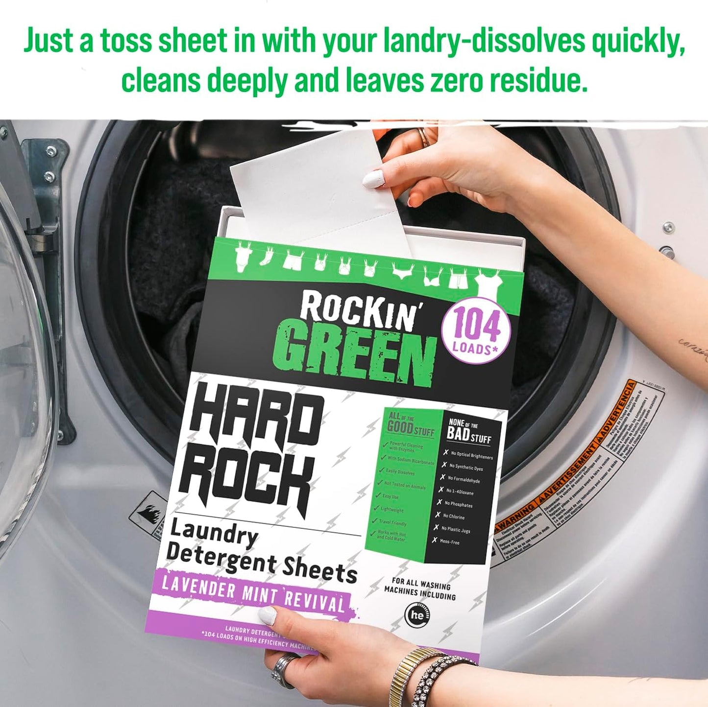 Rockin' Green Hard Rock Travel Laundry Detergent Sheets for Hard Water - Mess-Free Laundry Sheet Detergent with Sodium Bicarbonate - Easily Dissolvable Laundry Soap Sheets (104 Loads, Lavender Mint)