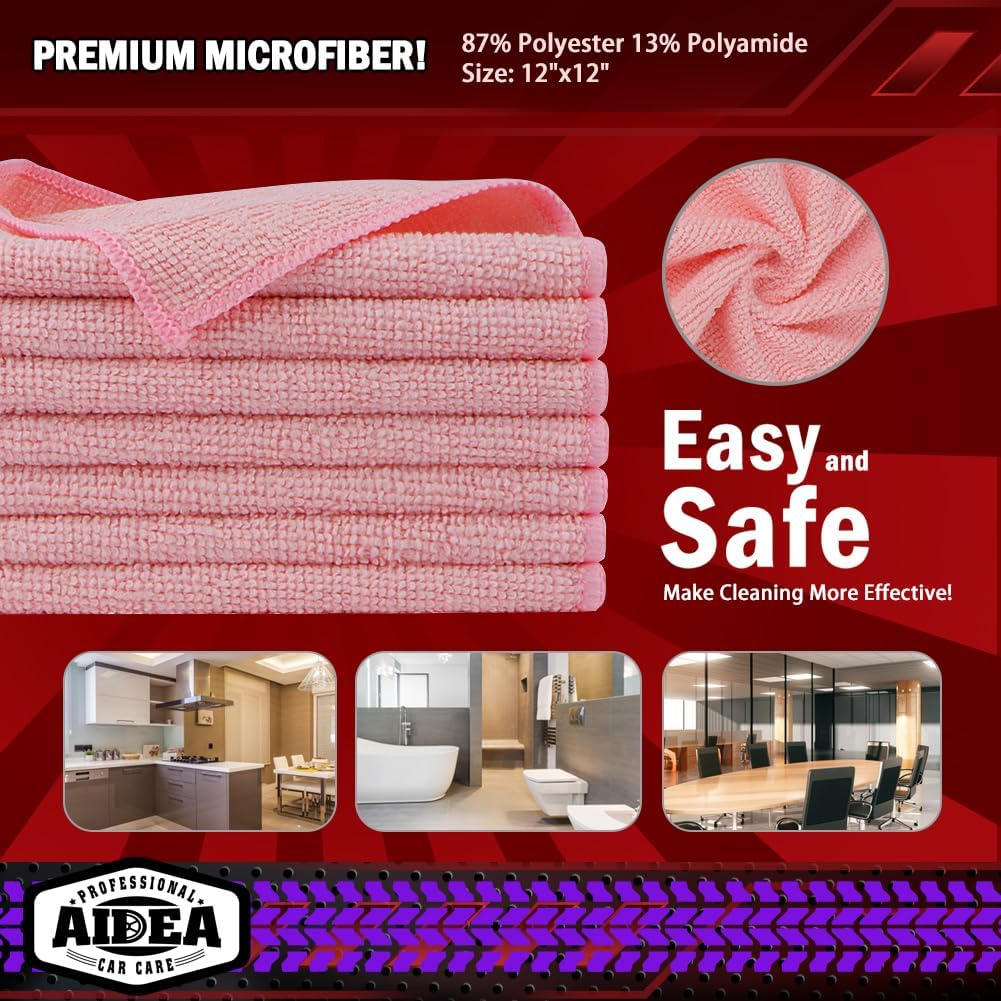 AIDEA Microfiber Cleaning Cloth Pink 10PK, Microfiber Towels for Cars, Premium Car Cloths, Dusting Cloth Lint Free Cleaning Rags for SUVs, House, Kitchen, Window, Workshops,12×12"