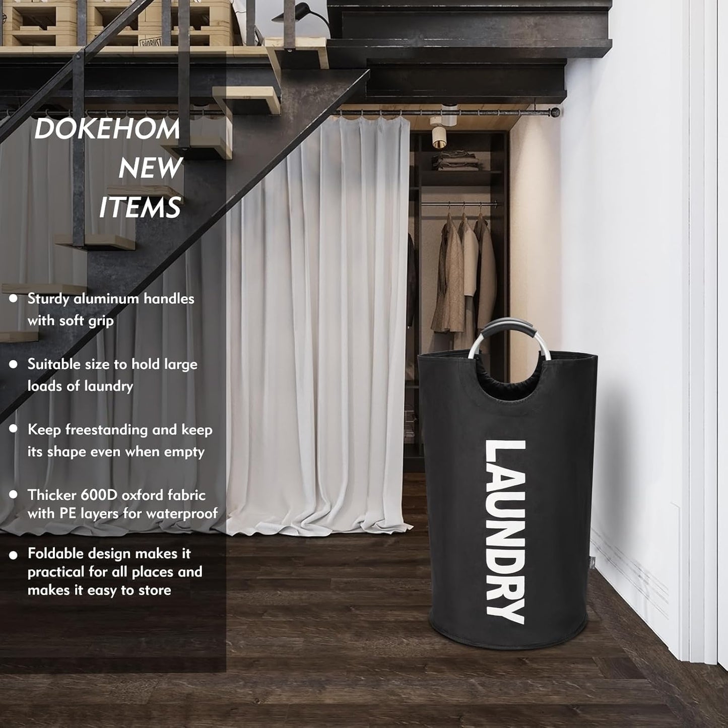 DOKEHOM 125L X-Large Laundry Basket, Collapsible Laundry Bag, Freestanding Tall Clothes Hamper, Foldable Washing Bin (Black)