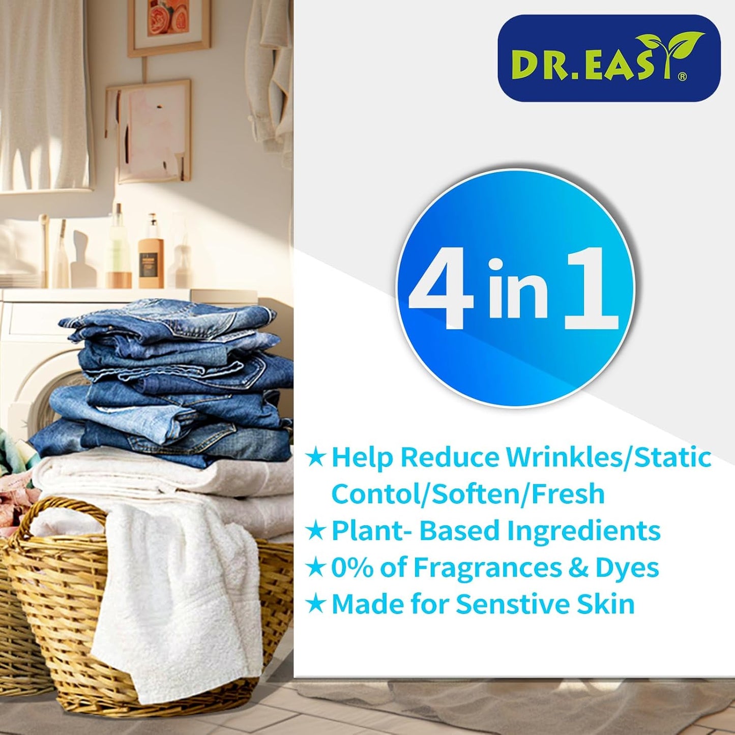 DR.EASY Dryer Sheets Plant Based Formula 252 Ct Fabric Softener sheets for Laundry Free & Clear Essential Oil Scented No Artificial Fragrances No Dyes Reduce Static & Wrinkles Help Repel Pet Hair