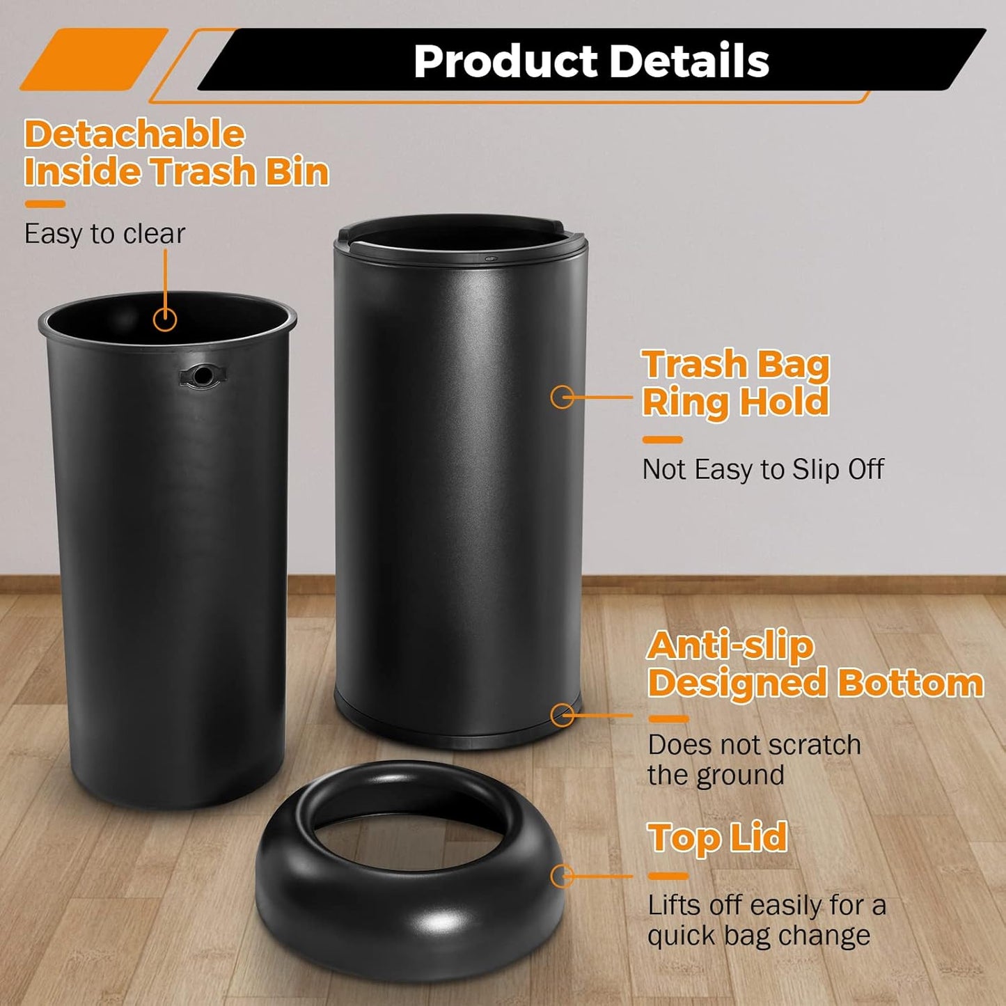 BEAMNOVA Commercial Trash Can 16.5 Gallon Open Top Outdoor Indoor Garbage Enclosure Inner with Lid Inside Barrel 14.6 * 32.7 inch Stainless Steel Industrial Waste Container