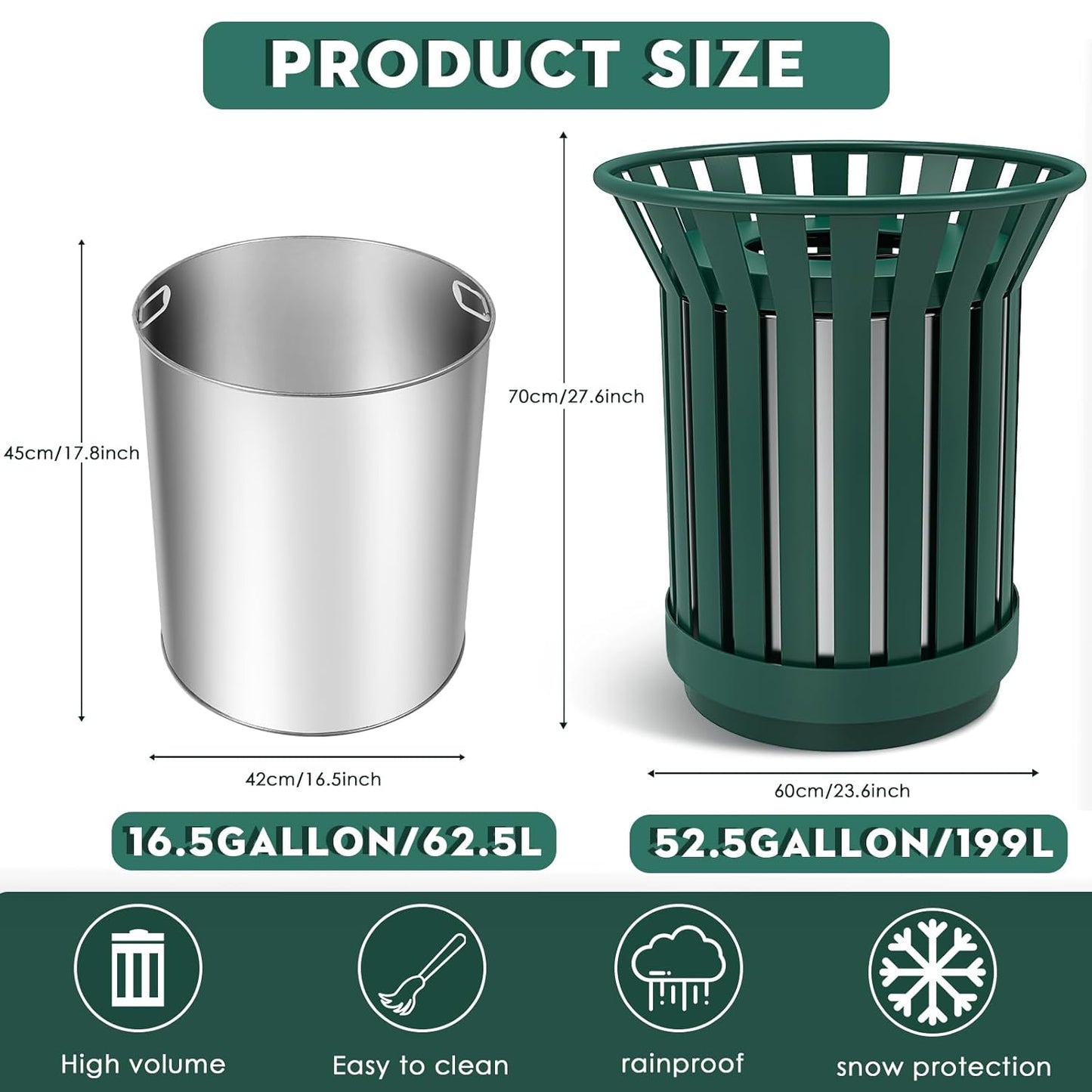 16 Gallon Round Large Outdoor Trash Can, Heavy Duty Metal Slatted Garbage Can Outdoor, All Weather Resistant Commercial Garbage Cans, Waste Receptacle in Park, School, Beach, Patio (Green, Large)