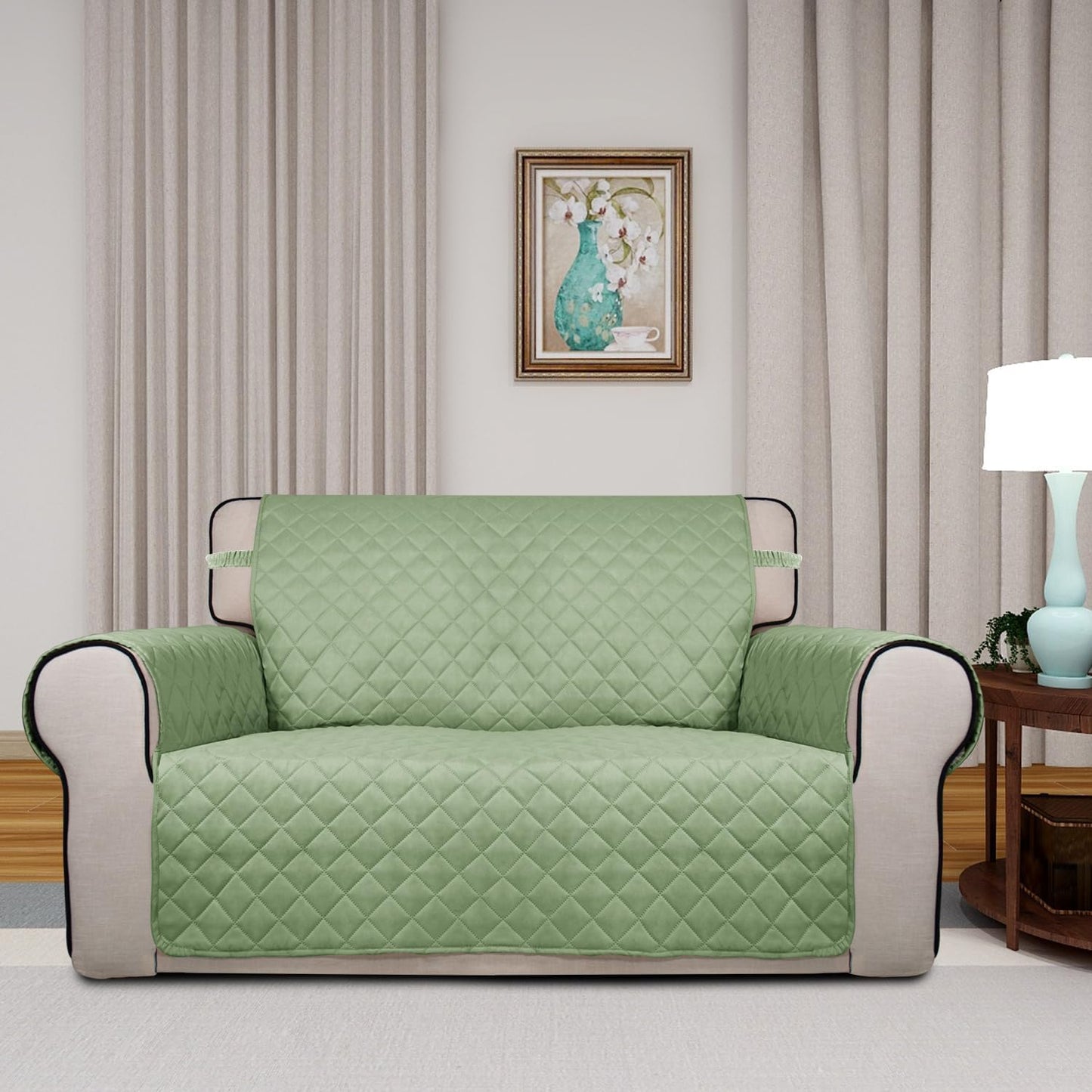 PureFit Reversible Quilted Sofa Cover, Water Resistant Slipcover Furniture Protector, Washable Couch Cover with Non Slip and Elastic Straps for Kids, Dogs, Pets (Loveseat, Sage Green/Ivory)
