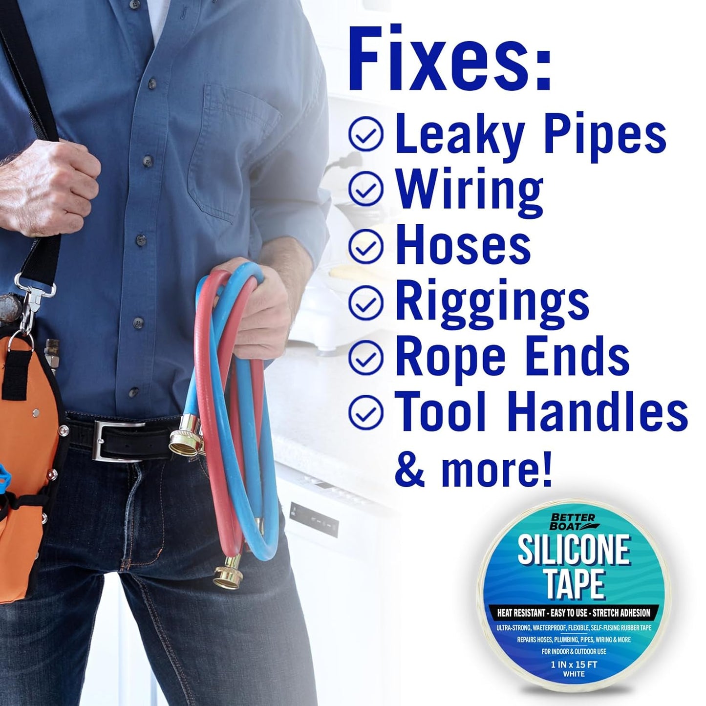 White Heavy Duty Silicone Tape, Self-Fusing Rubber Hose and Plumbing Water Pipe Repair Seal, Coax Electrical or Waterproof Tape for Leaks, 15ft