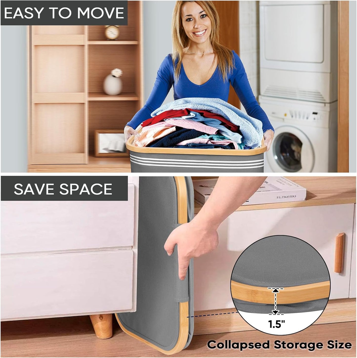 BALEINE Laundry Hamper with Lid, Tall Laundry Baskets with Bamboo Pull Handles, Large Laundry Bin with Internal Support (18 Gal/70L, Grey Pinstripe)