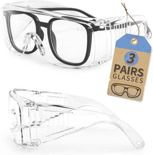 LANON 3 Pack Safety Glasses Over Eyeglasses,ANSI Z87.1 Standard,Anti-Fog & Scratch,Peripheral Protection, High Transmission,Anti-UV,Wrap Around Clear Safety Goggles
