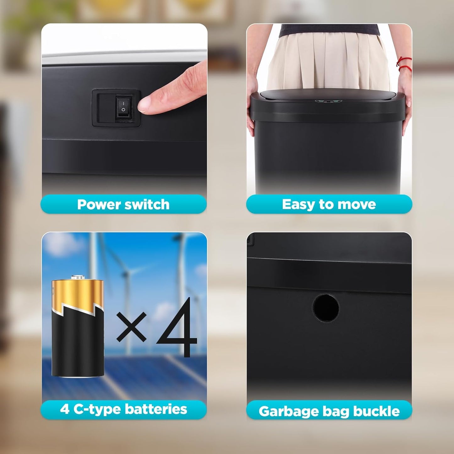 Automatic Motion Sensor Bathroom Trash Can with Lid, 13 Gallon Touchless Trash Bin, Smart Dog Proof Garbage Can, Touch Free Waste Basket for Toilet, Office, Bedroom,Black,2