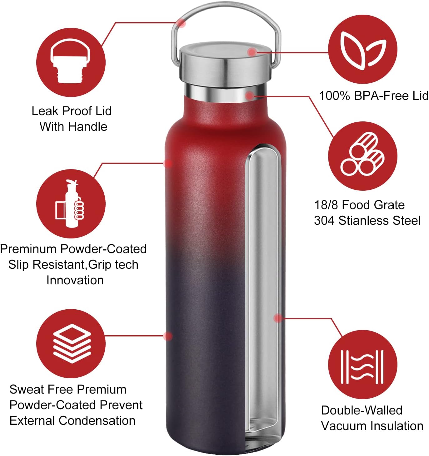 Neihepal Gradient Stainless Steel Water Bottles,20 Ounce Vacuum Insulated Double Wall Travel Bottle with Leak Proof Lid of Handle,Metal Reusable Standard Mouth Flask Thermoses for School,Hikers,Gift