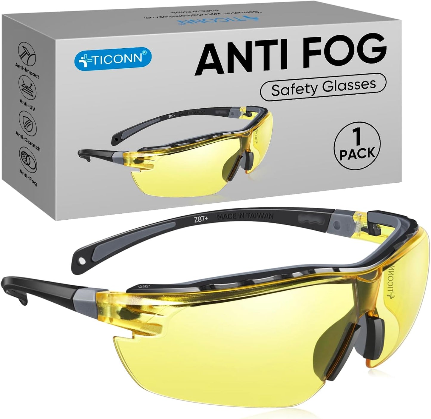 TICONN Anti-Fog Safety Glasses for Men and Women, ANSI Z87.1 Scratch Proof Eye Goggles with Adjustable Arms and UV Protection