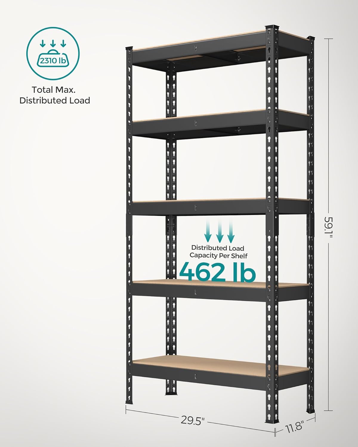 SONGMICS 5-Tier Storage Shelves, Load 2310 lb, Set of 2 Garage Storage, Boltless Assembly, Adjustable Shelving Unit, 11.8 x 29.5 x 59.1 Inches, for Study Shed Basement, Black UGLR300B02