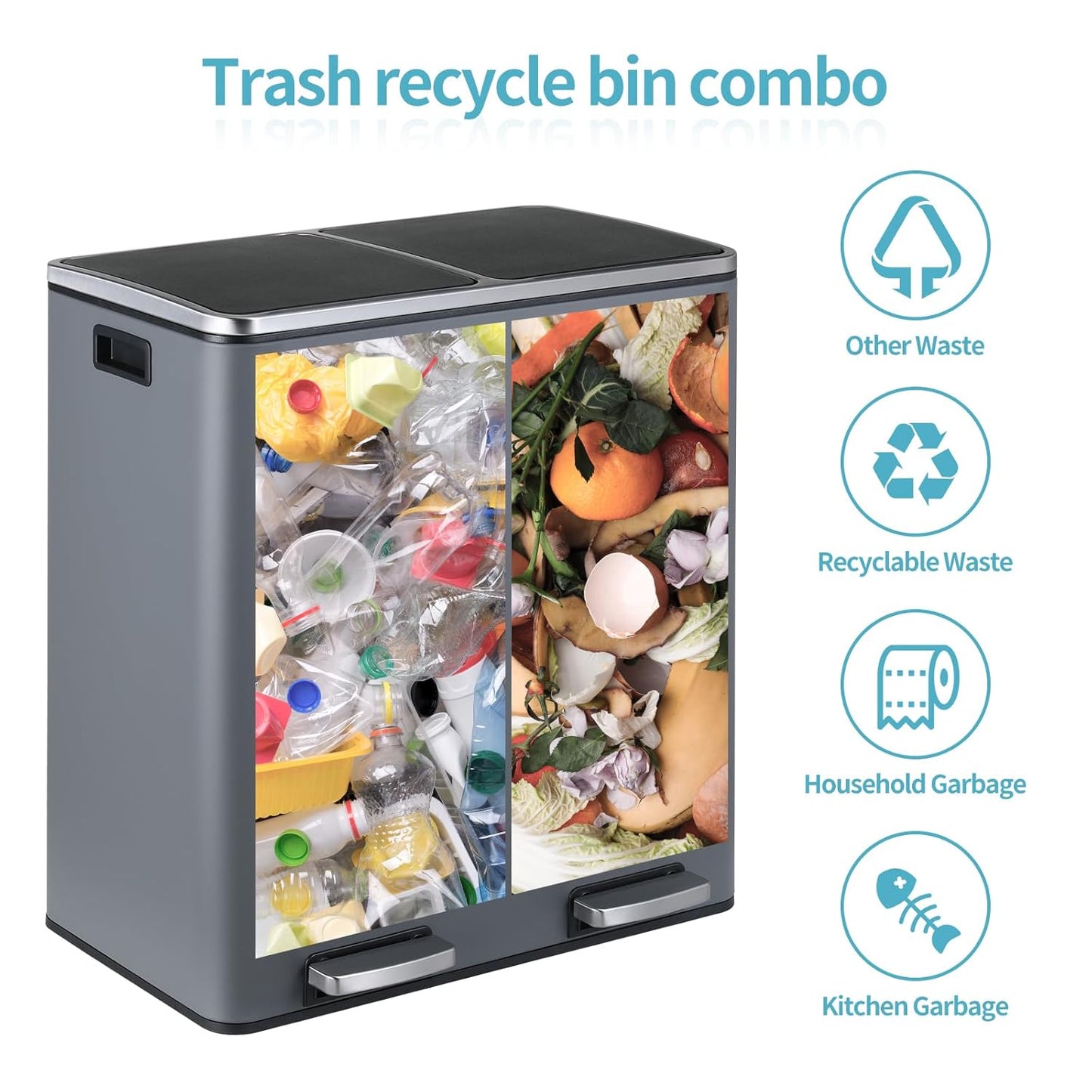 16 Gallon Rectangular Stainless Steel Trash Can, Dual Compartment Garbage Bin with Recycling Combo, Metal Dustbin Lid, Removable Liner, Indoor Hands Free Waste Bucket for Kitchen Home