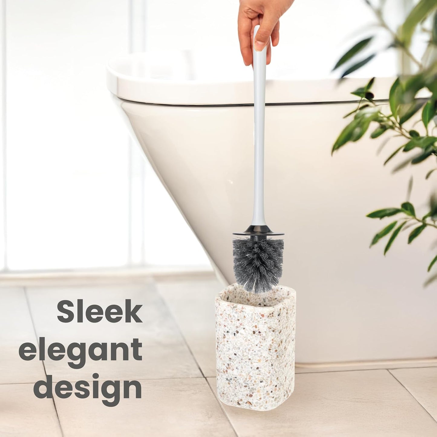Vigar Zense Toilet Brush and Holder Set, Toilet Bowl Brush with Polyresin Stone Holder, Bathroom Sets for Bathroom Decor and Accessories, Terrazzo