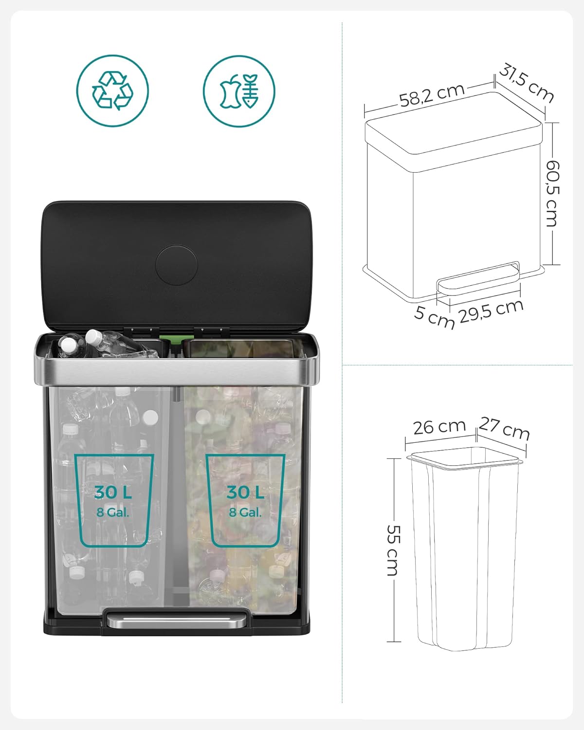 SONGMICS Kitchen Trash Can, 16 Gallon (2 x 8 Gallon) Dual Compartment Garbage Can, 60L Pedal Recycling Bin, Stays Open and Soft Close, Stainless Steel, 15 Bags Included, Metallic Silver ULTB202E01