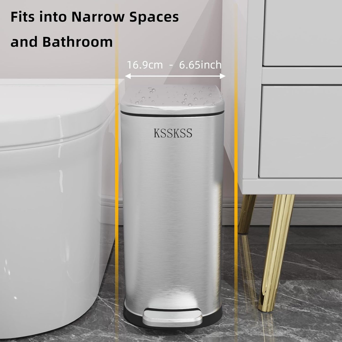 2.6 Gallon Slim Bathroom Trash Can with Soft Close Lid, 10L Stainless Steel Garbage Can with Removable Liner Bucket, for Narrow Spaces,Bathroom, Bedroom (Silver)