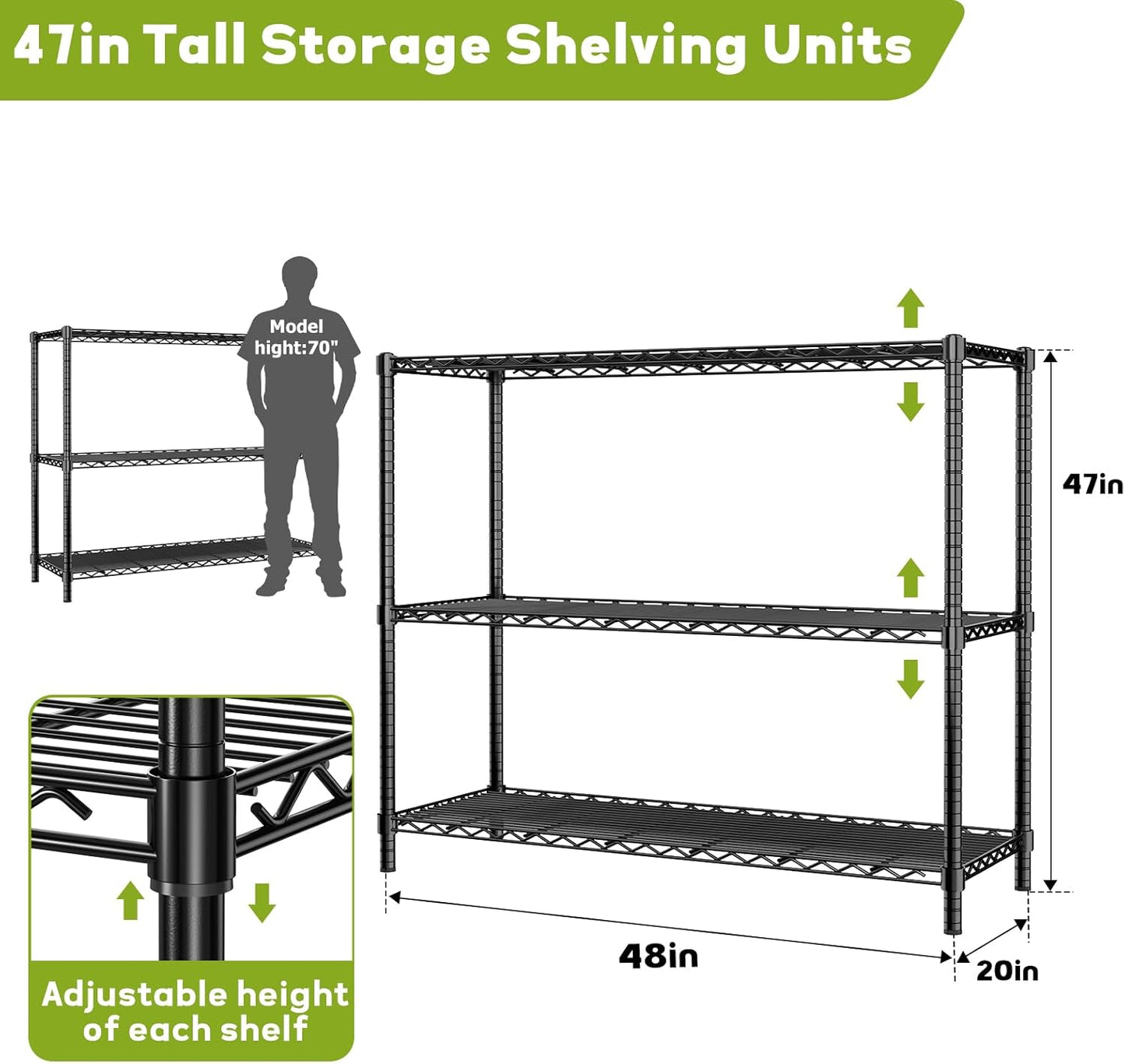 Storage Shelves, 48" L x 20" W x 47" H Heavy Duty Garage Wire Shelving Unit Loads 1200LBS, 3-Tier Adjustable Metal Industrial Utility Shelf Rack for Kitchen, Laundry Room, Basement