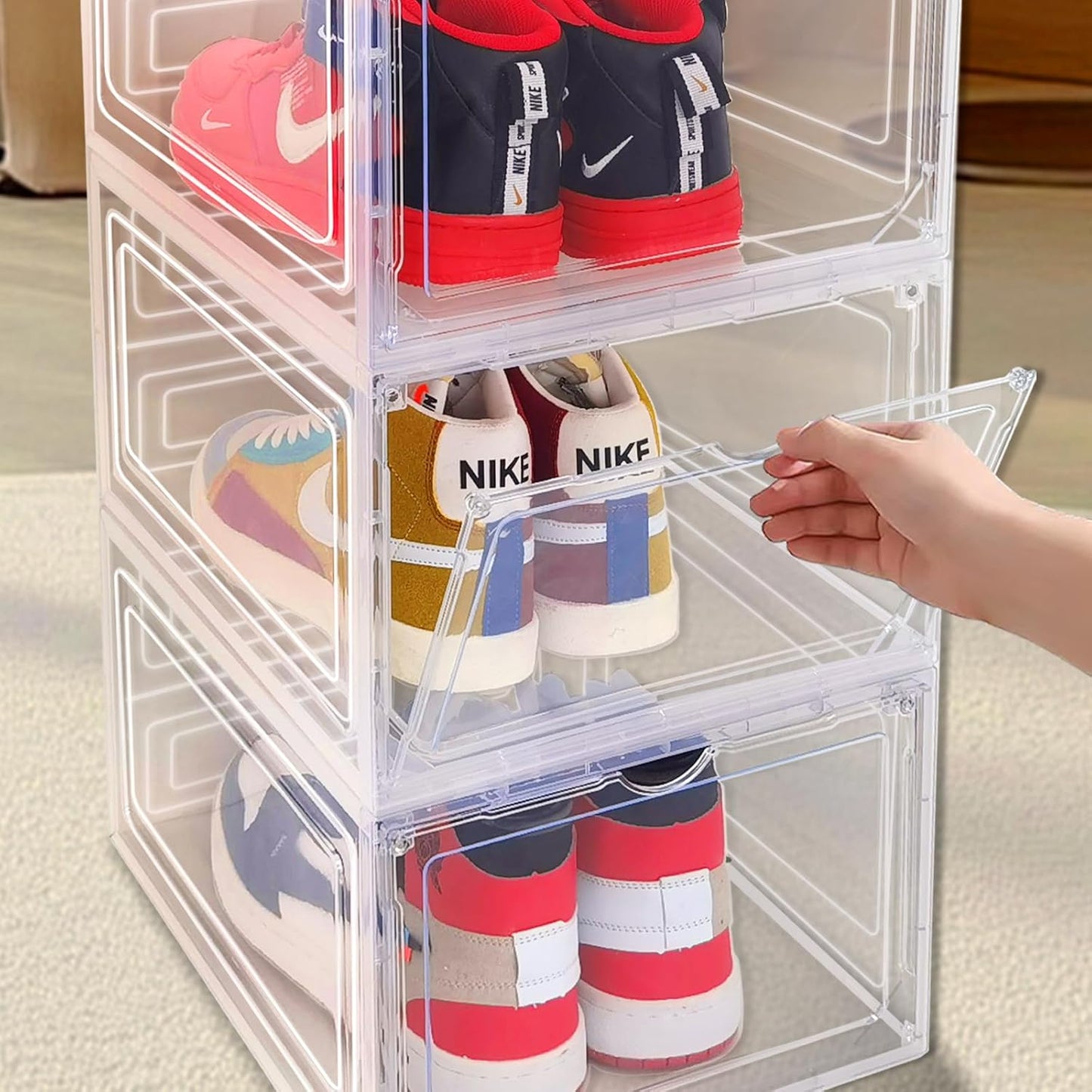 10 Pack Shoe Storage Box Clear Hard Plastic Shoe Organizer Stackable Hats Sneaker Display Case with Lids for Size 13, Clear