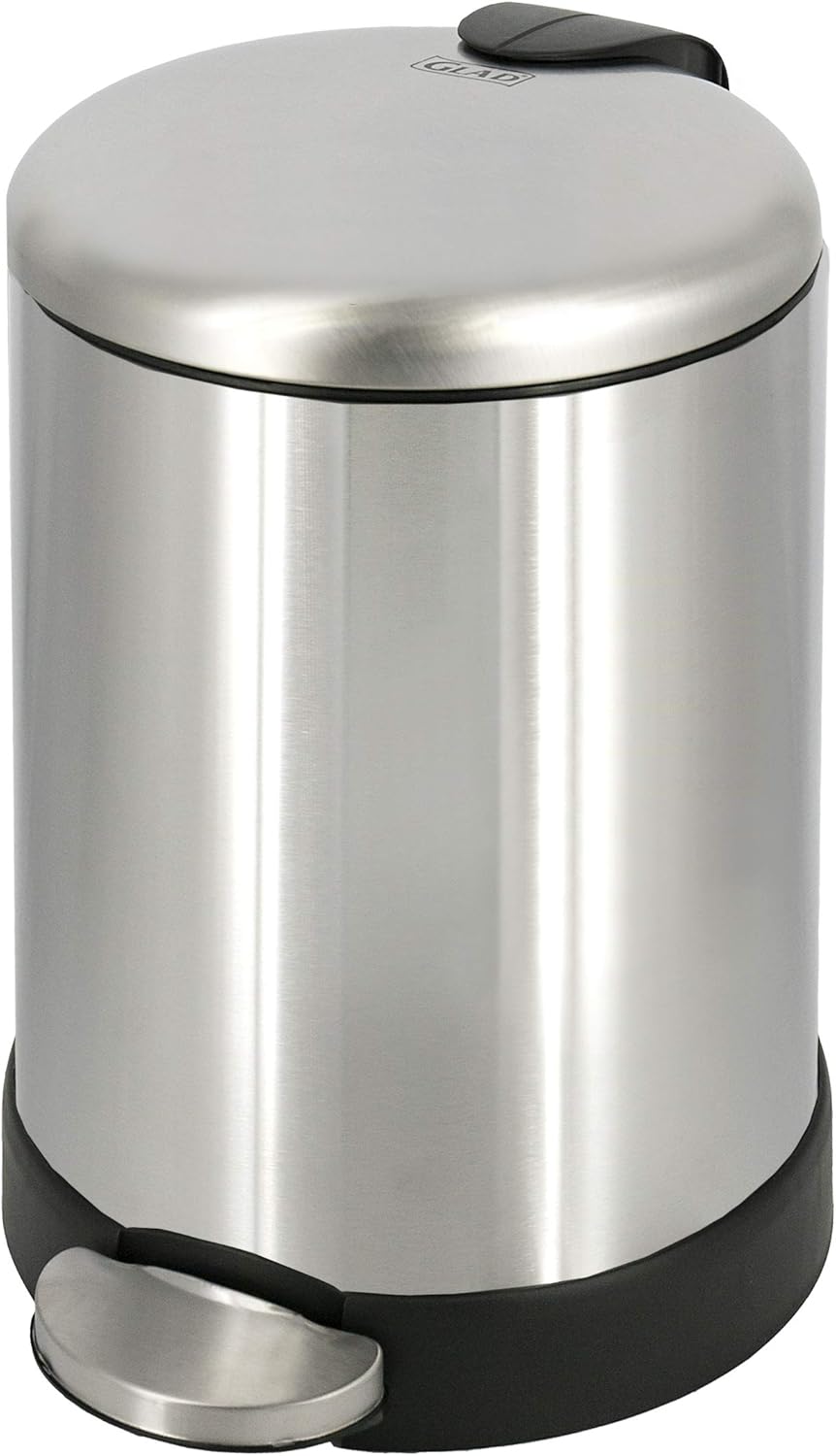 GLAD Small Trash Can, 1.2 Gallon | Round Stainless Steel Garbage Bin with Soft Close Lid & Step Foot Pedal | Metal Waste Basket with Removable Inner Bucket, Stainless