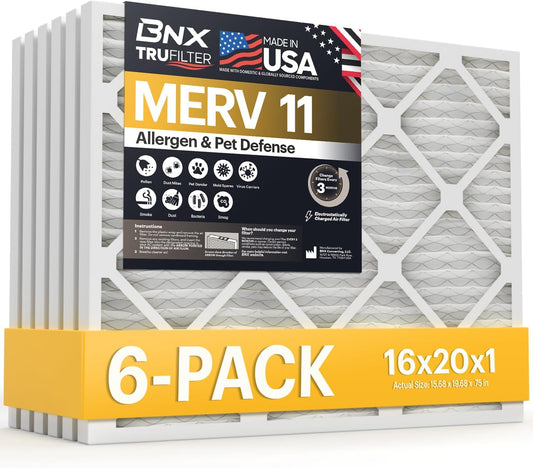 BNX TruFilter 16x20x1 Air Filter MERV 11 (6-Pack) - MADE IN USA - Allergen Defense Electrostatic Pleated Air Conditioner HVAC AC Furnace Filters for Allergies, Dust, Pet, Smoke, Allergy MPR 1200 FPR 7