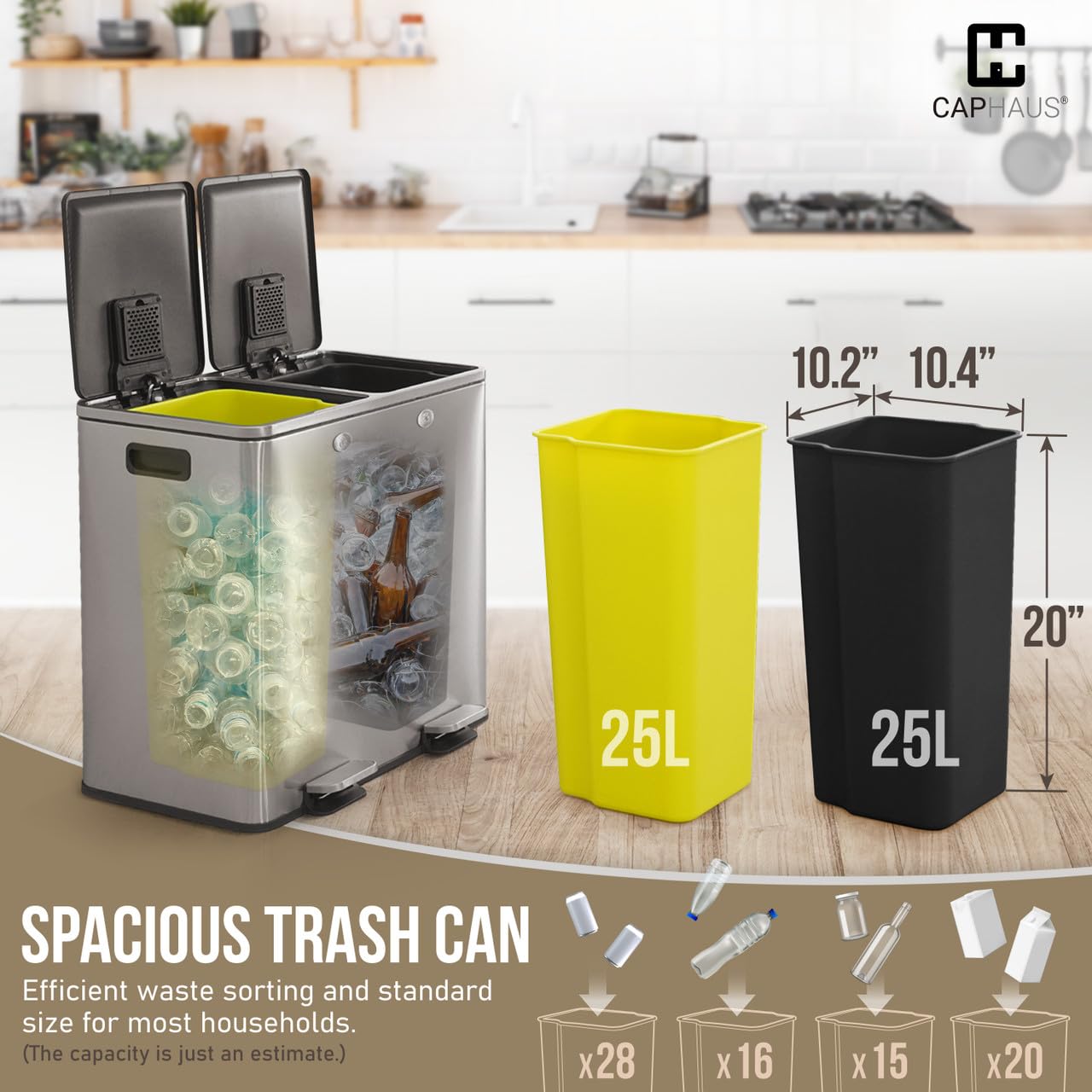 CAPHAUS Dual Trash Can with Double Lid, Trash and Recycle Bins Combo, Hands-free Stainless-Steel Garbage Can for Kitchen, with 2 Compartment, Hinged Lid, Odor Filters, Handles, 25L+25L, 2 x 6.6 Gallon