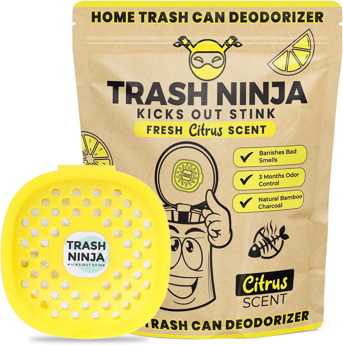 Trash Ninja Trash Odor Eliminator – Long-Lasting Citrus Scent Deodorizer with Activated Charcoal, Stick-On Freshener for Garbage Can, Fridge, Bathroom, Kitchen, and Diaper Pail Odors
