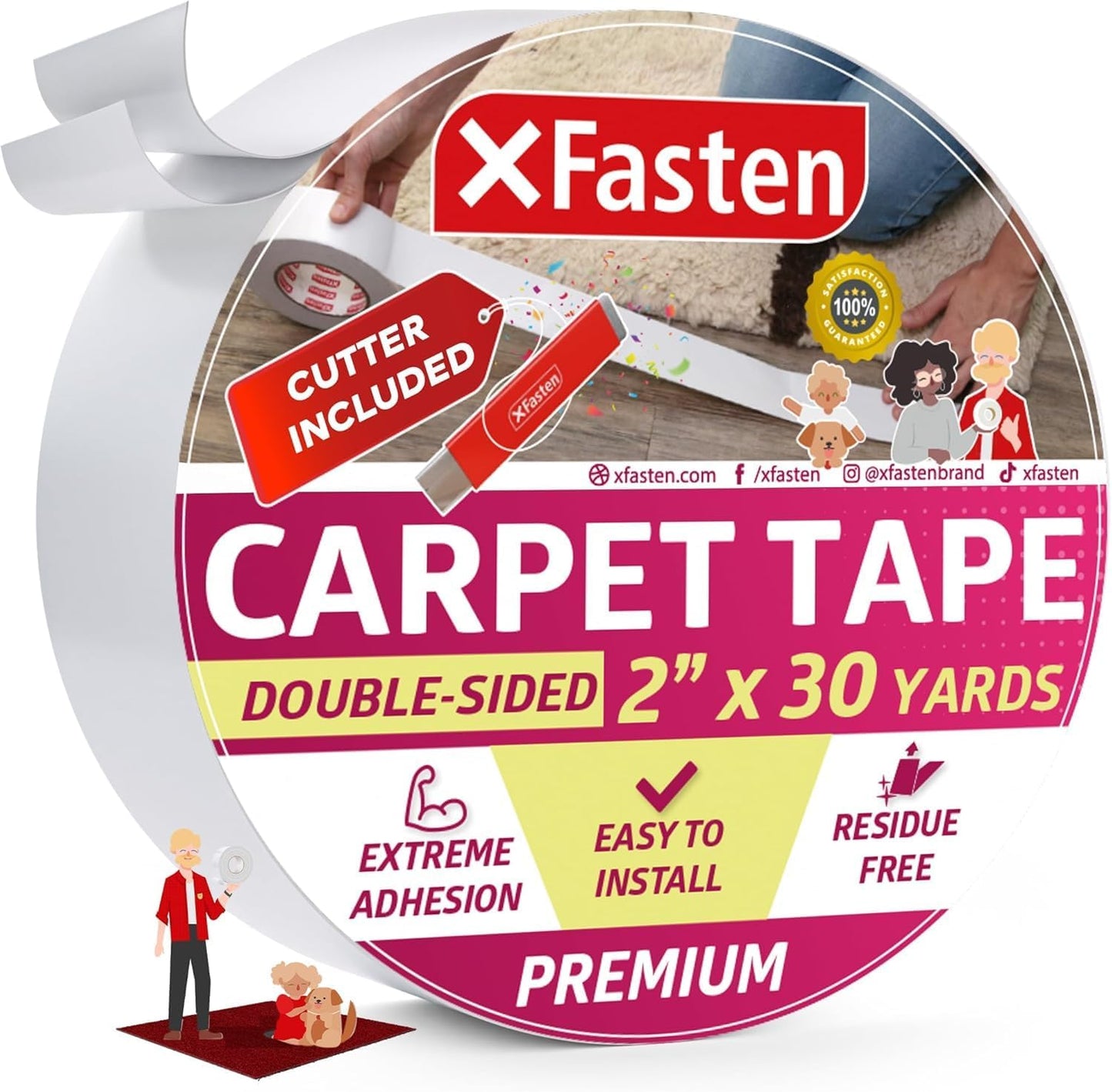 XFasten Double Sided Carpet Tape for Area Rugs 2 Inch x 30 Yards w/Mini Cutter, Residue-Free Carpet Tiles Tape, Heavy-Duty Rug Pad Gripper for Hardwood, Vinyl Flooring Underlayments, Laminate