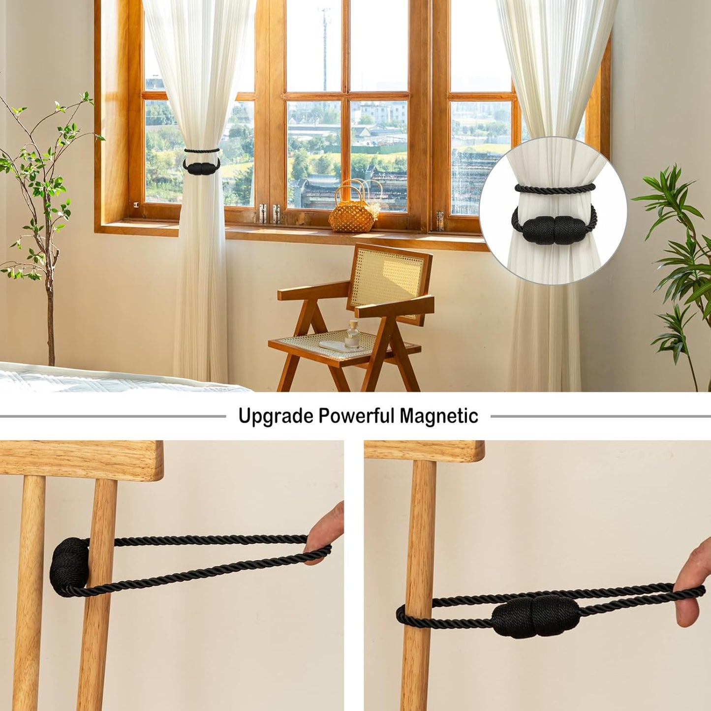 Magnetic Curtain Tiebacks Rope Curtain Tie Backs for Curtains 6 Pack Curtain Holders for Drapes Decorative Window Curtain Holdbacks, Black