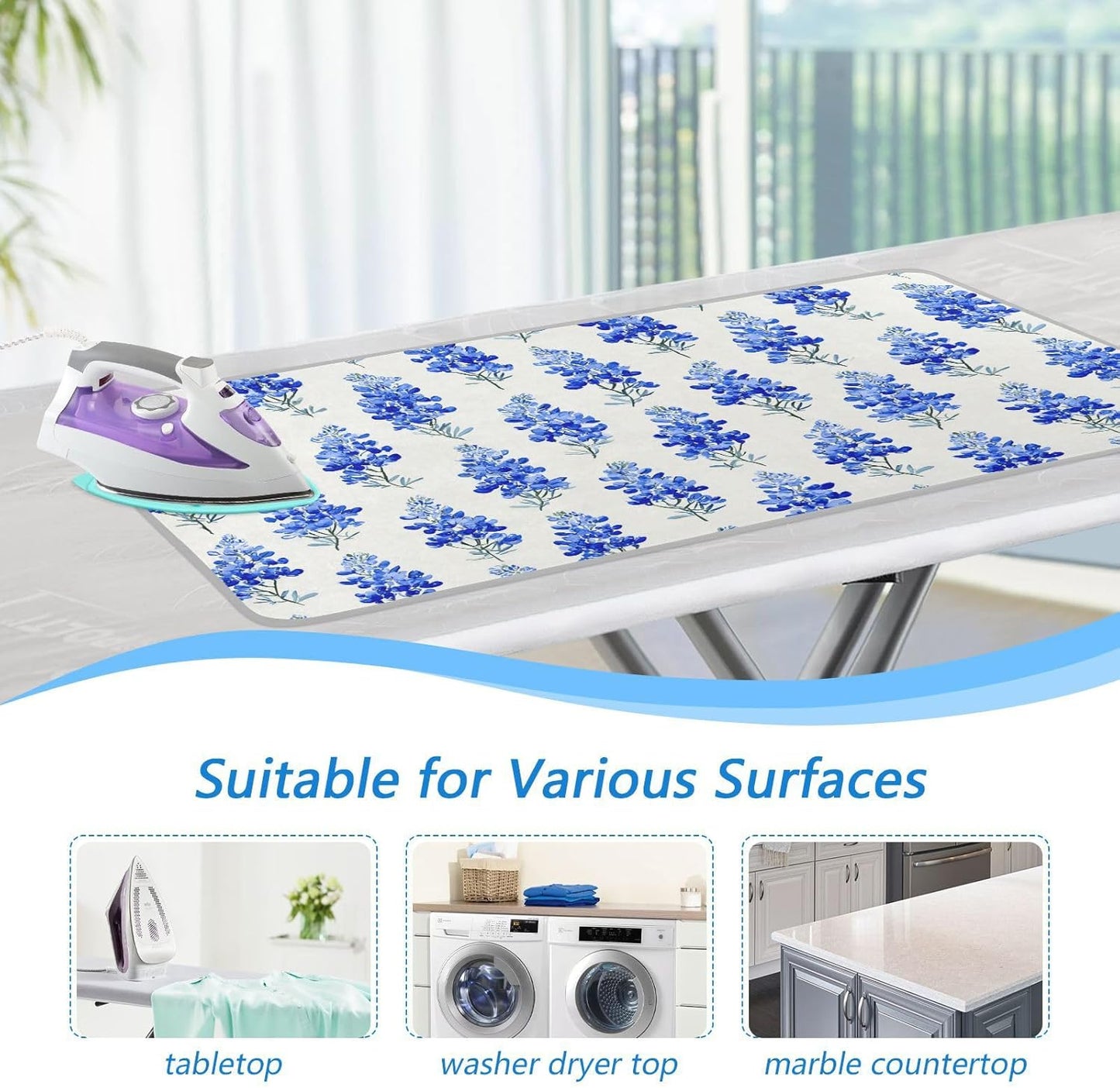 Watercolor Bluebonnets Ironing Mat for Table top Portable Ironing Pad Blanket for Washer Dryer Countertop Travel