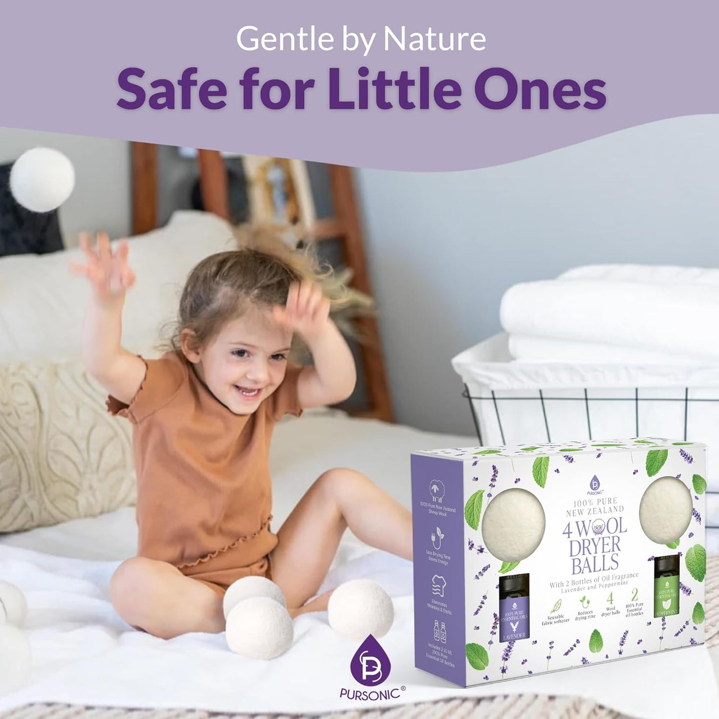 Pursonic 4-Pack Laundry Wool Dryer Balls with Lavender & Peppermint Essential Oil Scent - Reusable Fabric Softener Balls Made from Pure New Zealand Wool - 2.75" Diameter