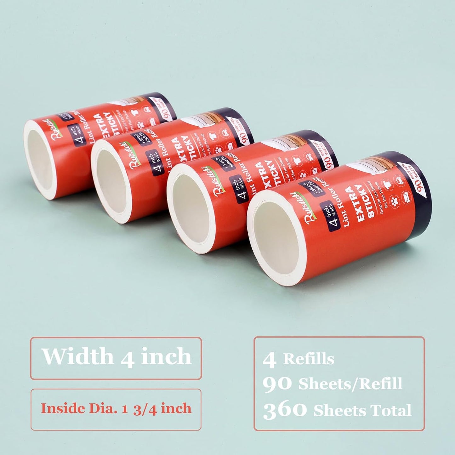 4 inch Lint Roller Refills Only for Scotch Brite, Everyday Clean Lint Roller Refills Pack of 4 Rolls, Extra Sticky 90 Sheets per Refill, 360 Sheets Total (Inside Dia. 1 3/4 inch)