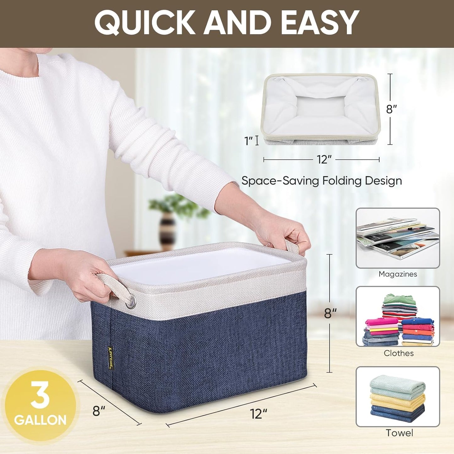 BALEINE 3 Pack Fabric Storage Bins for Shelves, Linen Storage Baskets for Organizing, Decorative Closet Bins for Clothes, Home (Navy Blue, 12"x8"x8")