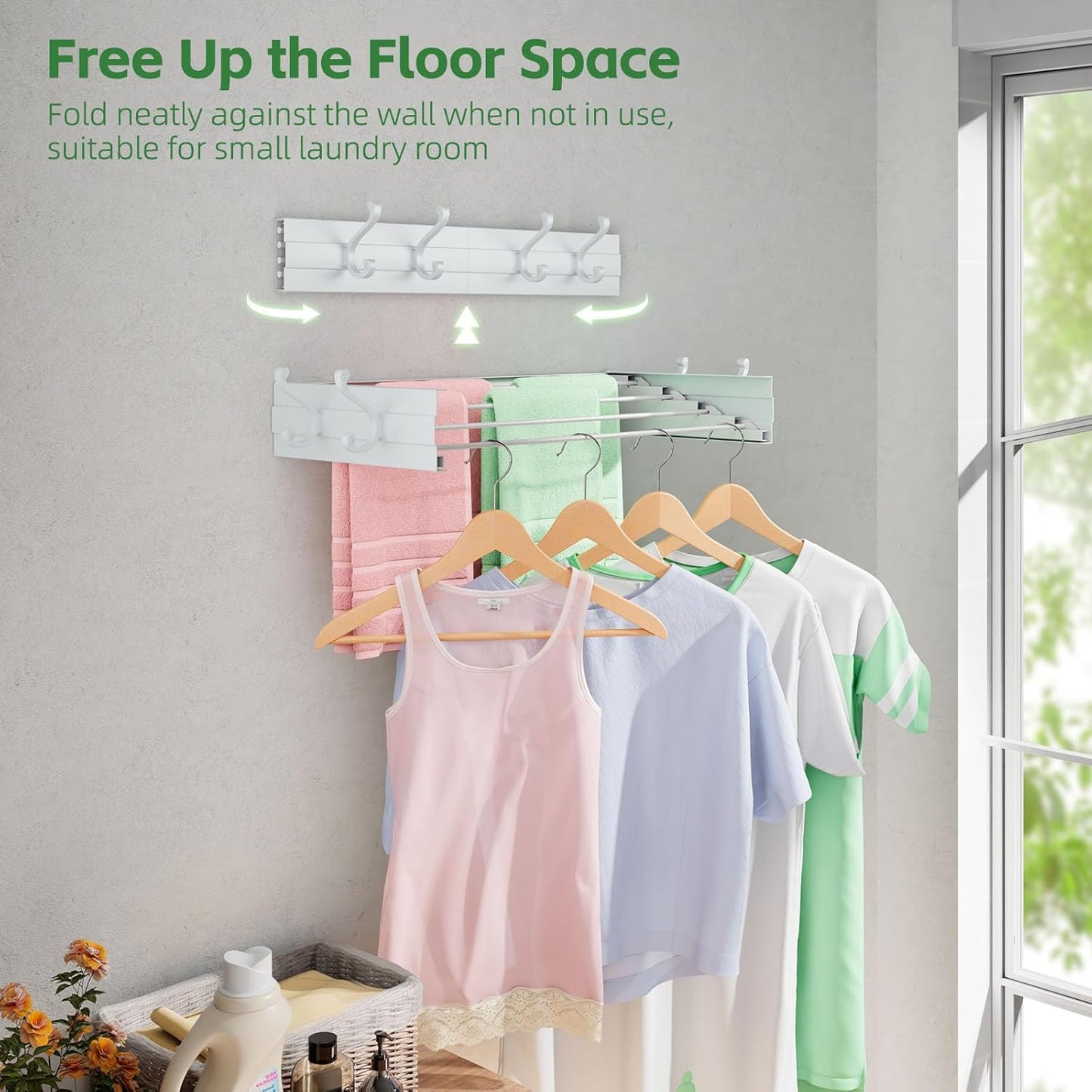 Wall Mounted Clothes Drying Rack for Laundry 23.6", Folding Clothes Drying Rack with 4 Towel Hooks and 4 Rods for Hanging Coat Dedicates, Space Saving for Bedroom Bathroom Balcony Living Room (23.6'')