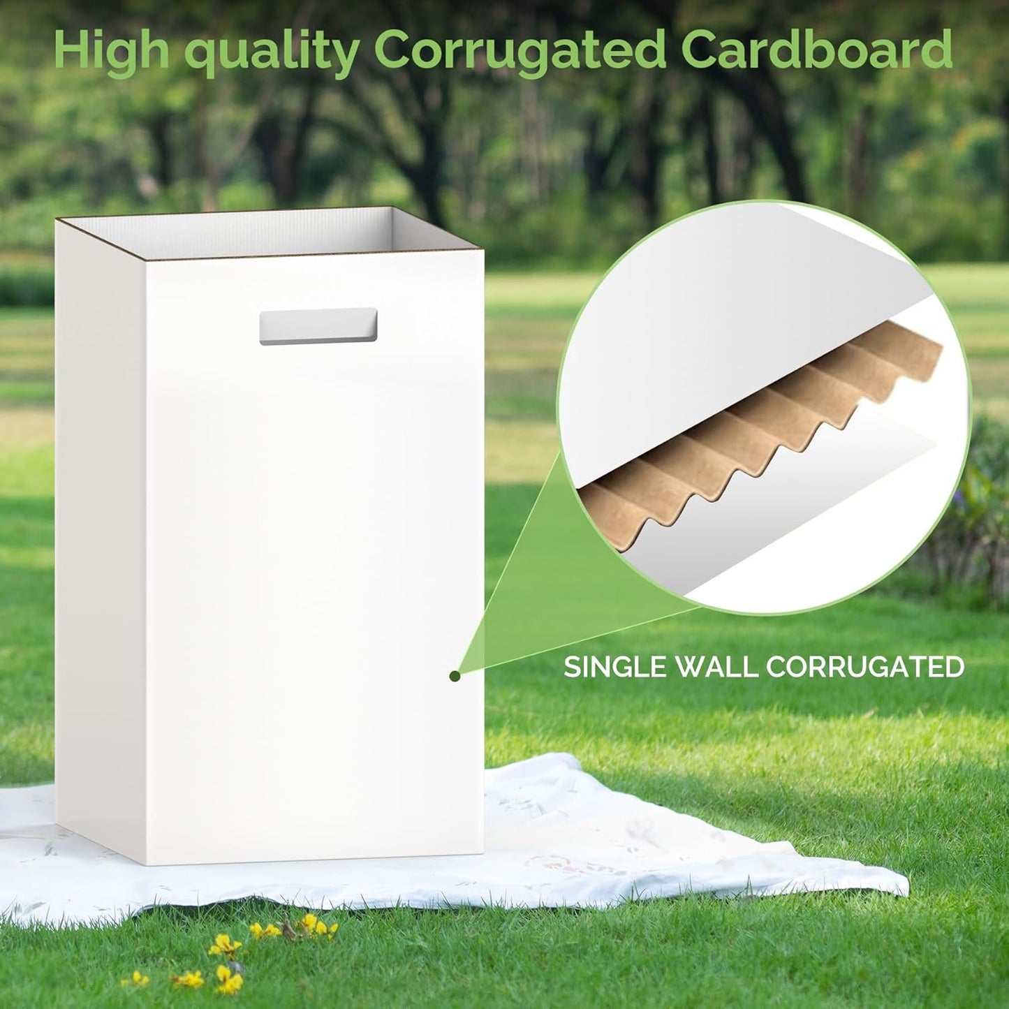 Extra Strong Corrugated Cardboard Portable Garbage Can, 4 Pack Reuseable and Disposeable Extra Large Trash Cans, 13 Gallon (21.6" H x 13.5" W x 10" D), Recycled Garbage Can and Recycling Bins, White
