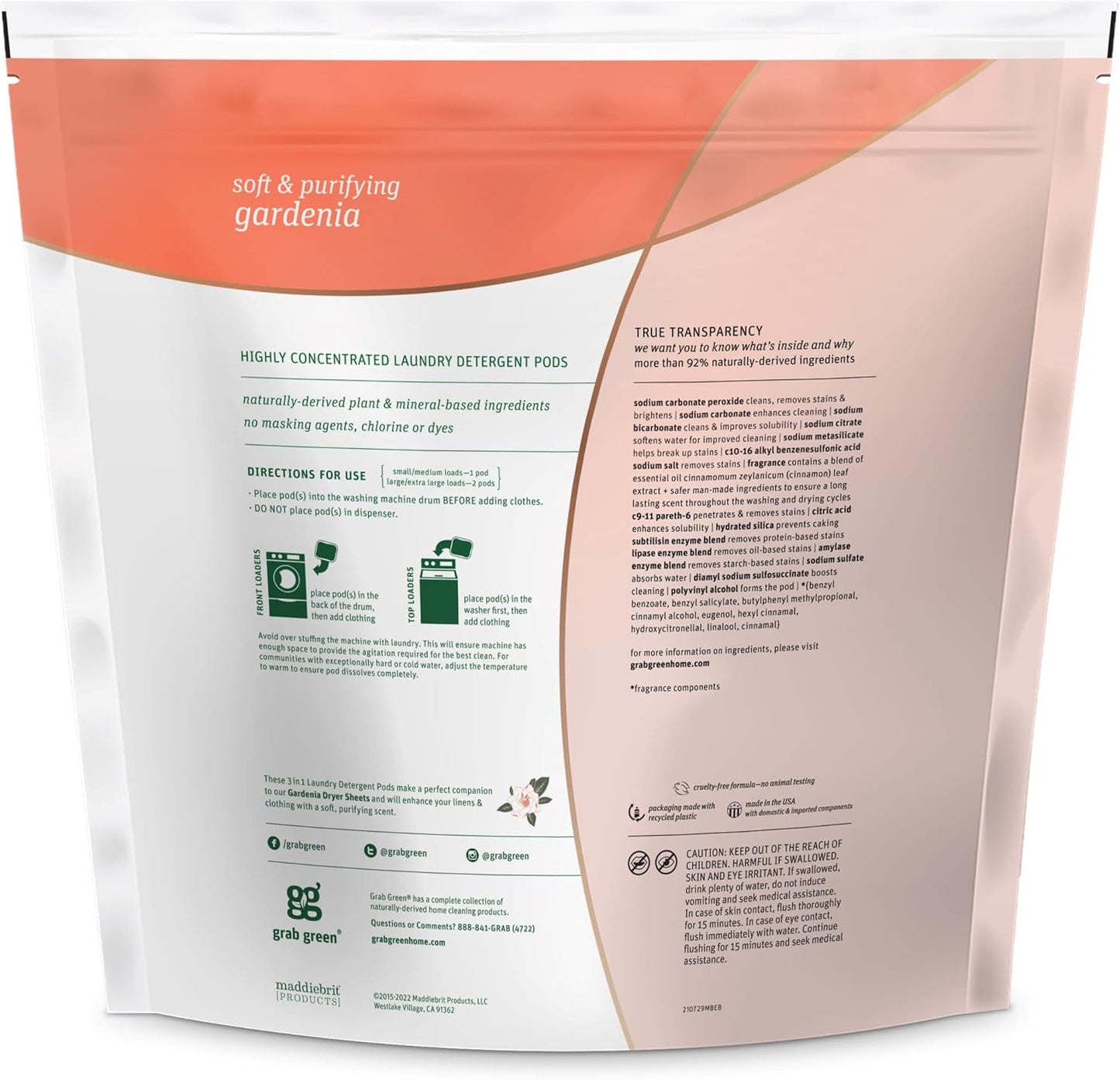 Grab Green 3-in-1 Laundry Detergent Pods, 132 Count, Gardenia Scent, Plant and Mineral Based, Superior Cleaning Power, Stain Remover, Brightens Clothes