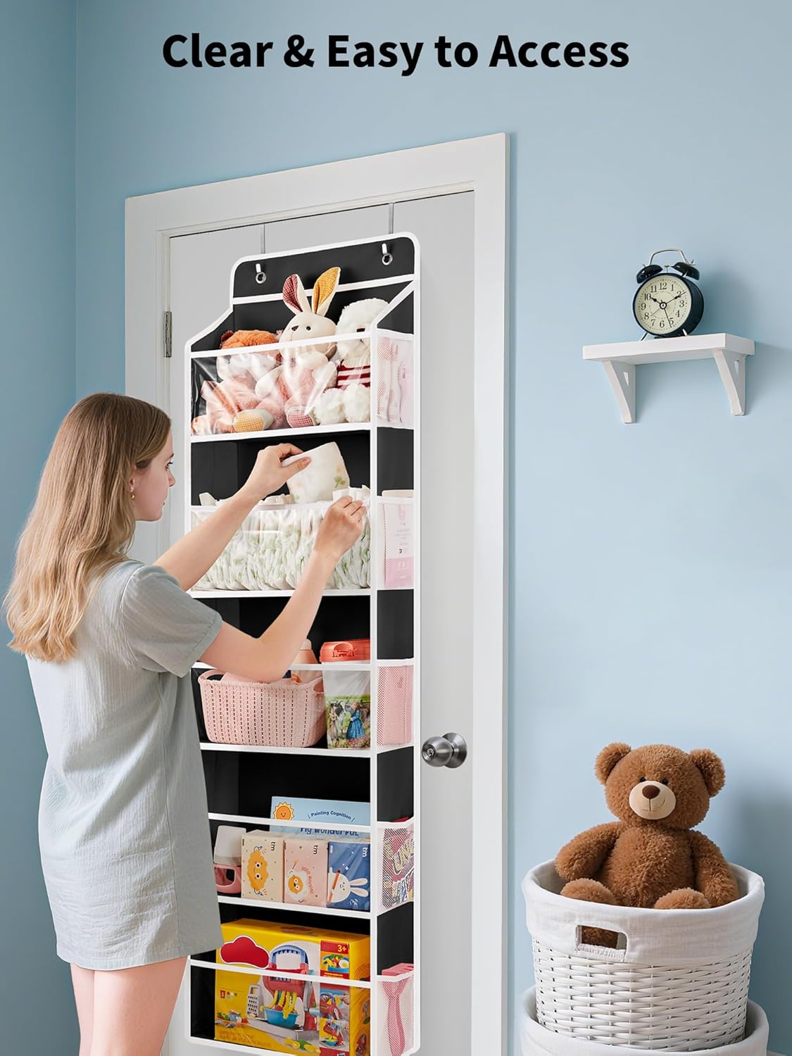 JARLINK Toy Stuffed Animal Storage, Over The Door Organizer W/Clear View Windows, 44lb Load, Baby Toy Storage Organizer for Nursery, Kid Bedroom, Newborn Baby Essentials (Black)