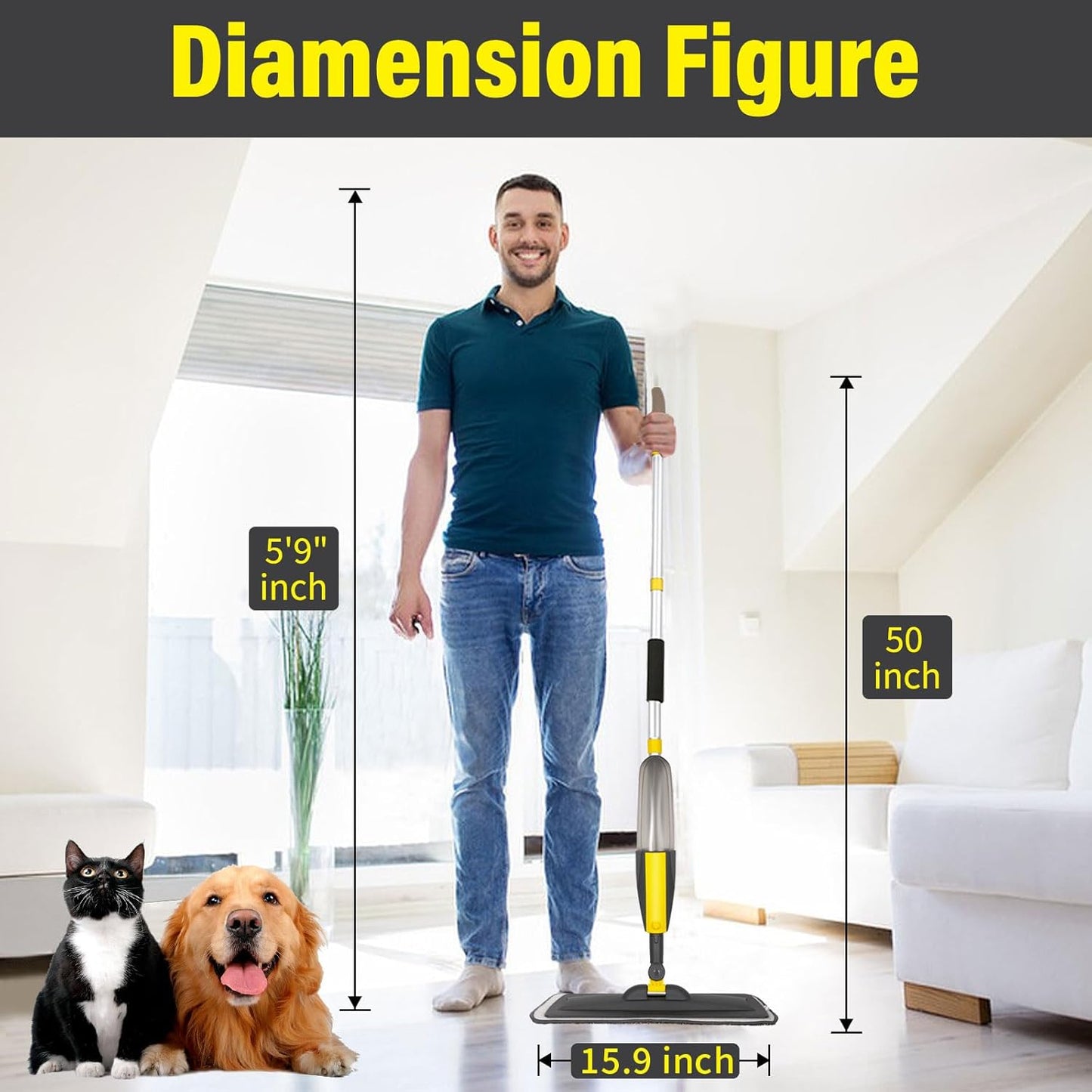 Mops for Floor Cleaning, Spray Mop with 400ml Refillable Bottle and 2 Replacement Pads Dry Wet Floor Household or Commercial Hardwood Laminate Tile Ceramic (Yellow)