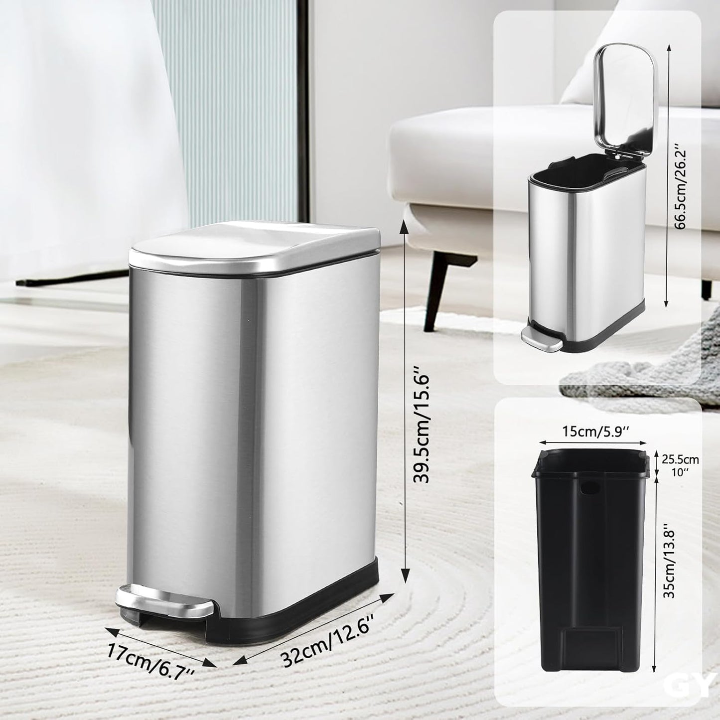 Bathroom Trash Can with Soft-Close Lid 3.5 Gallon Stainless Steel Garbage Can with Removable Inner Bucket Slim Trash Bins for Bedroom, Office (Silver)