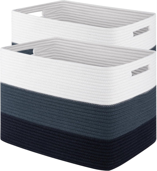 Storage Baskets for Organizing, 2 Pack Woven Basket for Storage, Rectangle Baskets for Shelves Closet Organizers, Toy Basket for Nursery Storage Living Room, Laundry Room, Bedroom (Gradient Blue)