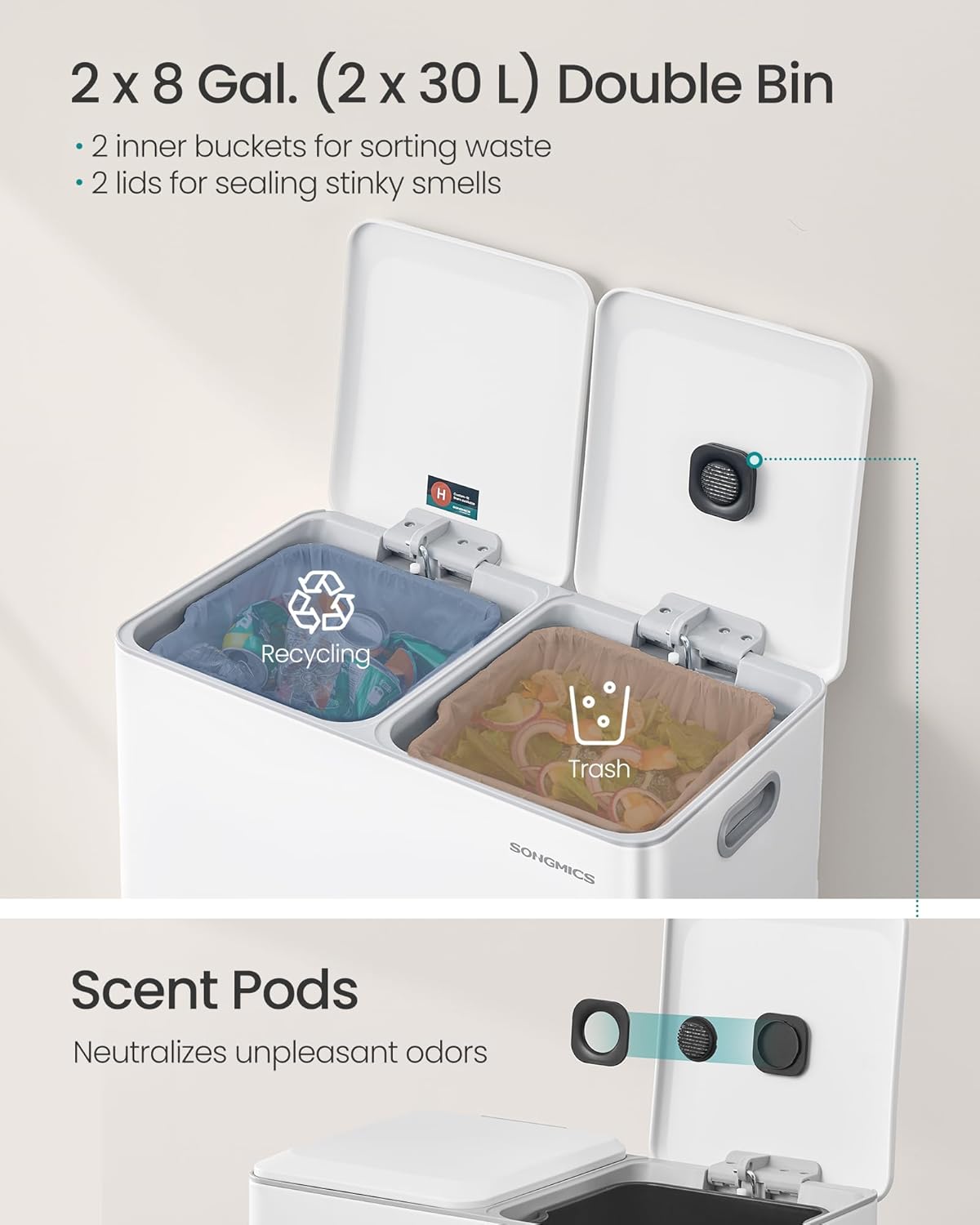 SONGMICS Trash Can, 2 x 8 Gallon (2 x 30 L) Double Garbage Can with Soft-Close Lids, Removable Inner Buckets, Pedals, Stainless Steel, for Waste and Recycling, Cloud White ULTB743W01