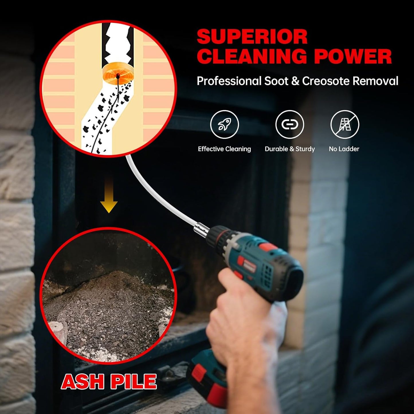 39 Feet Chimney Sweep Kit, Chrome Button Locking System, Chimney Cleaning Kit, Chimney Brush, Chimney Cleaning Tool, Chimney Cleaning System with 12 Flexible Chimney Rods