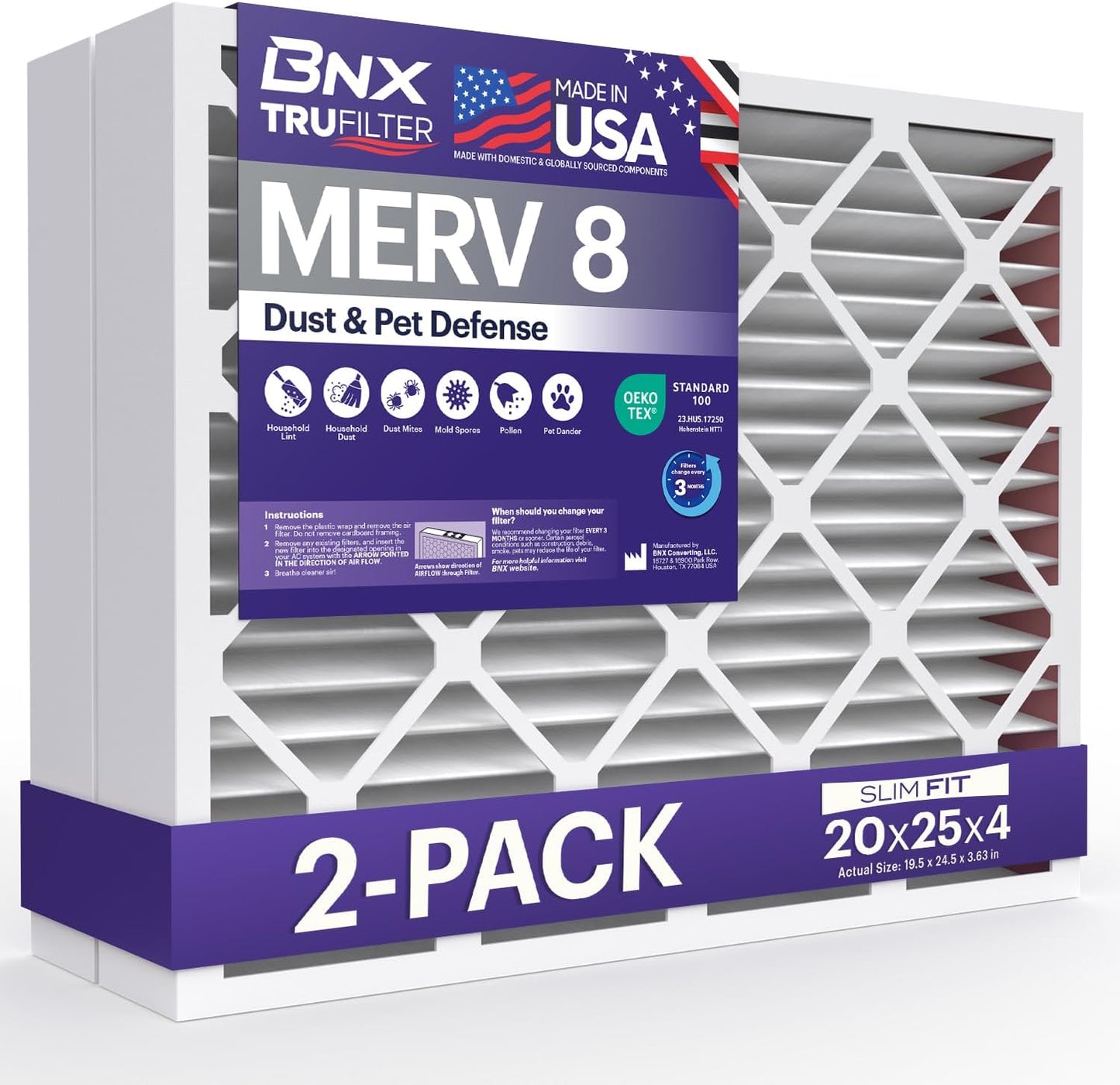 BNX TruFilter 20x25x4 (19.5’’ x 24.5’’ x 3.63‘’ Slim Fit) MERV 8 Air Filter 2-Pack - MADE IN USA - Air Conditioner Furnace Filters HVAC AC Furnace Filters for Dust, Pet, Mold, Pollen MPR 600-700 FPR 5