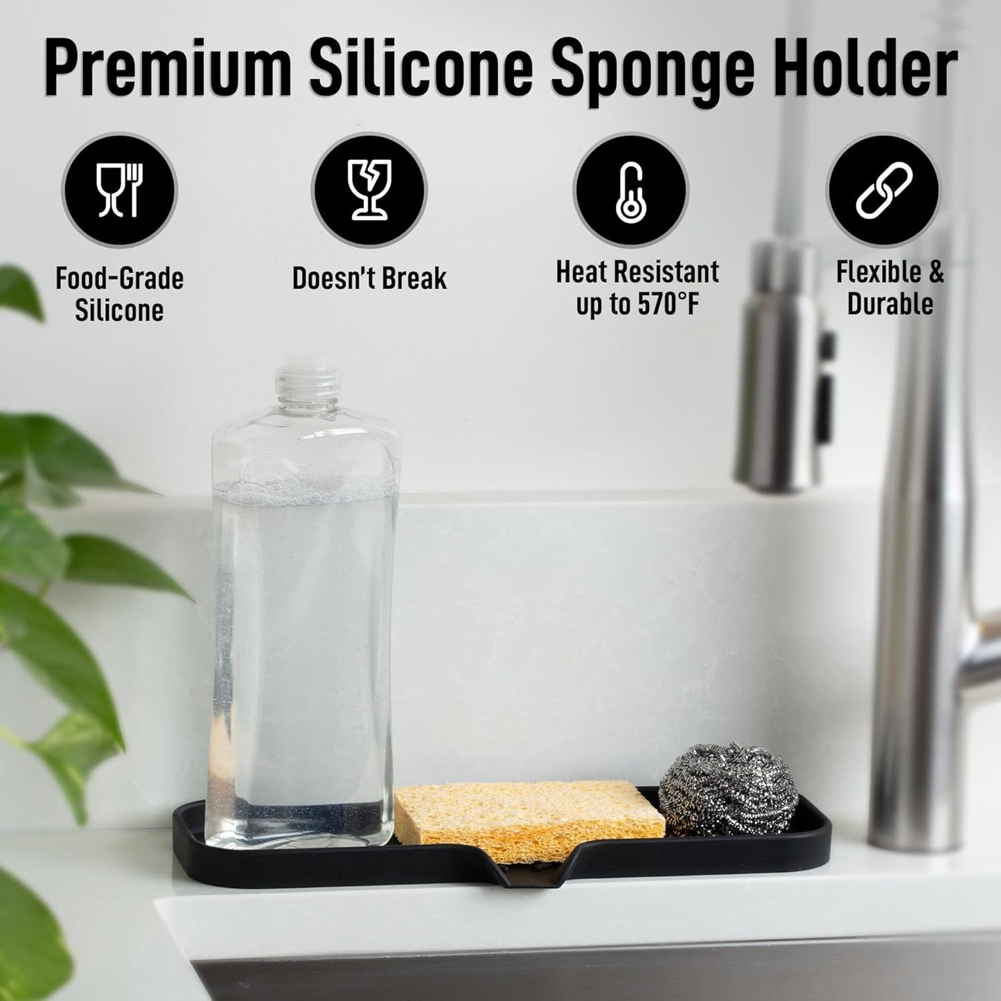 Zulay Kitchen Large Silicone Sponge Holder (12x4) – Flexible Sink Organizer Tray for Kitchen & Bathroom – Multipurpose Soap Dish for Sponges, Makeup, Trinkets & More (Black)