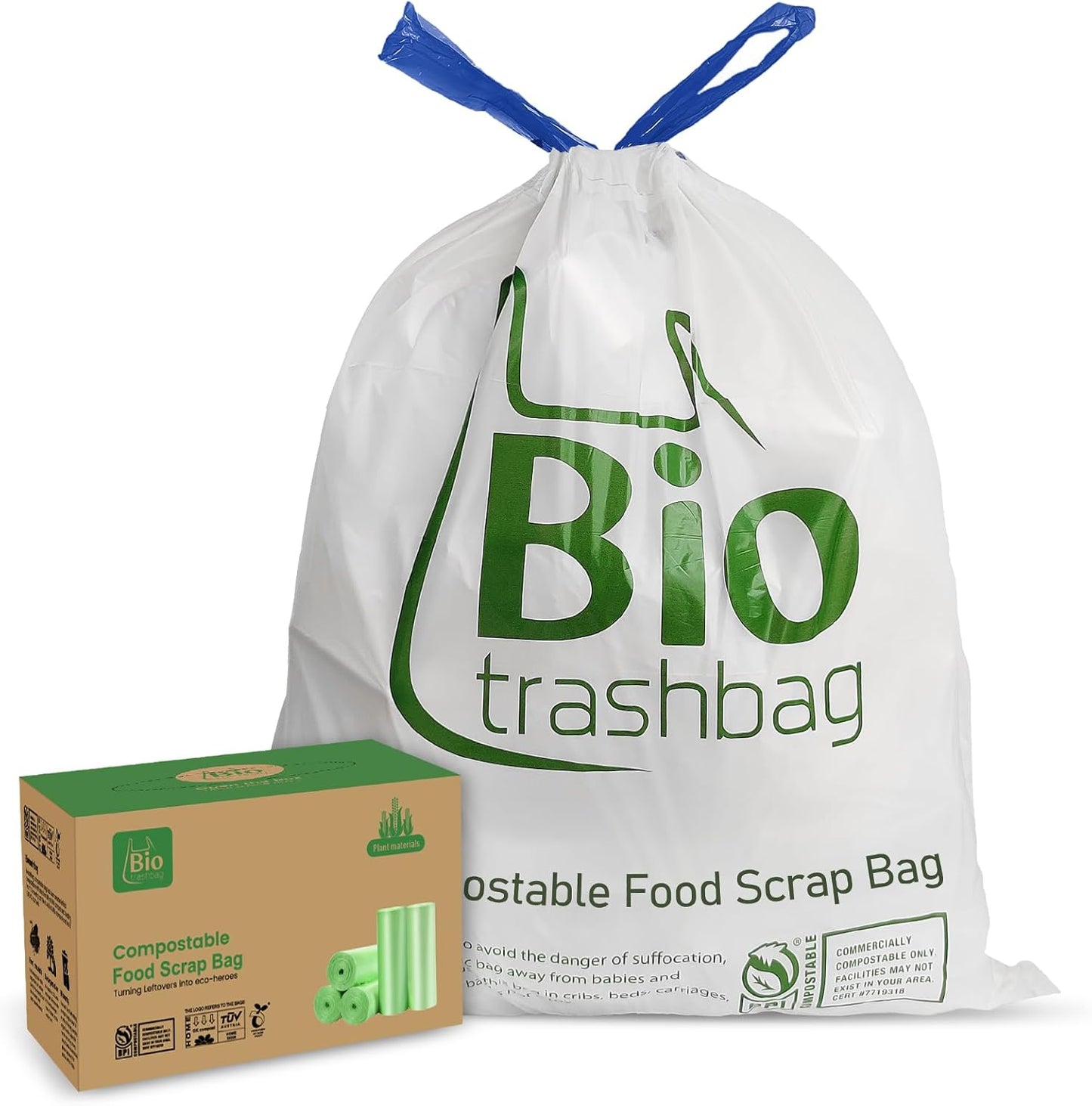 13 Gallon Compostable Trash Bags, 50 Count Biodegradable Drawstring Compost Food Waste Bags, Heavy Duty 1 Mil, 49.2 Liter, Tall Kitchen Large Garbage Bags, US BPI and Europe OK Compost