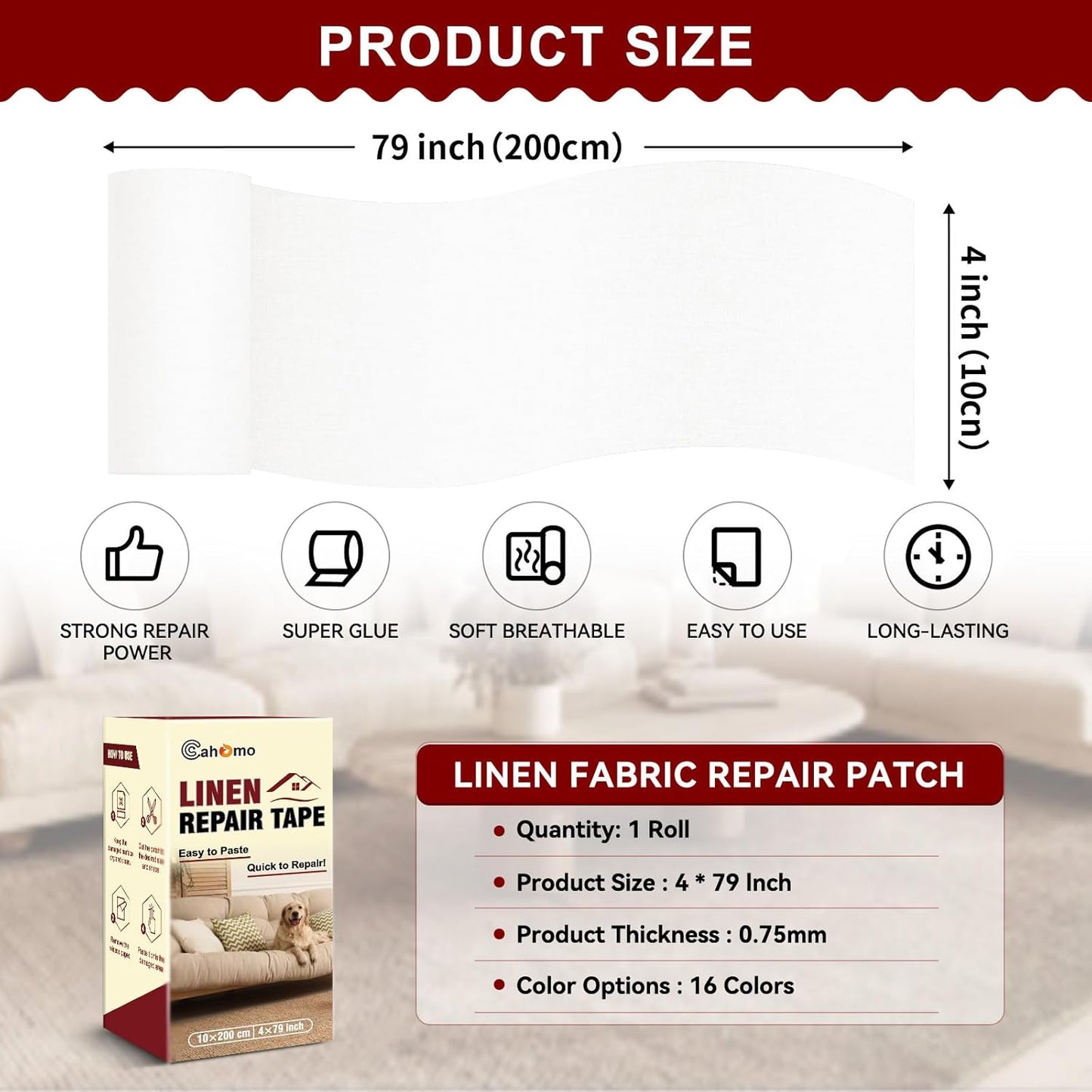 Linen Repair Tape 4x79 inch, Self Adhesive Fabric Patches, Linen Patch Tape Kit, Fabric Repair Tape for Couch Sofas, Headboards, Chairs, Pillows, Curtains, Couches - White