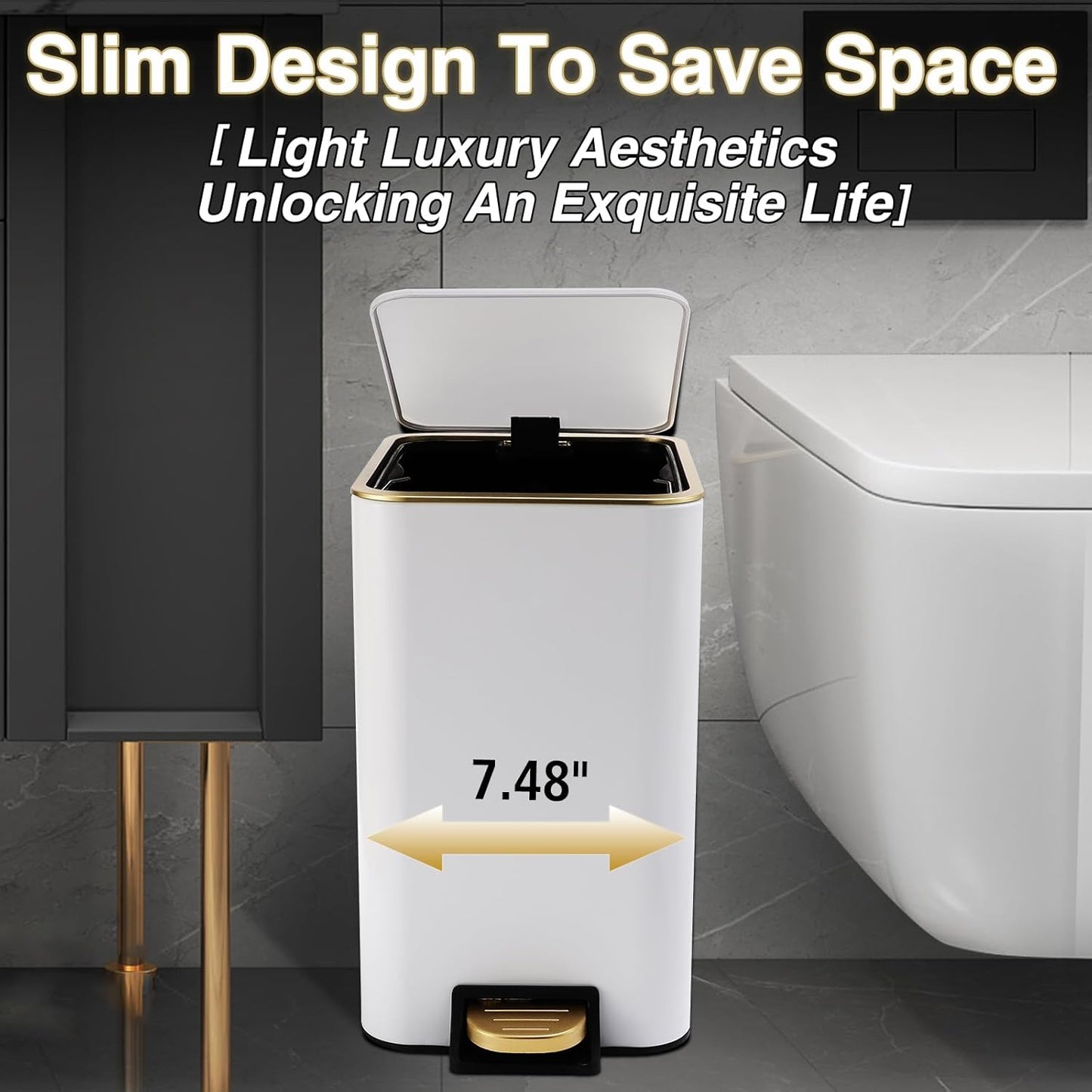 Small Bathroom Trash Can with Lid Soft Close, 1.8 Gallon Stainless Steel Garbage Can with Removable Inner Bucket,3PCS Soap Dispenser,75Count Trash Bag, Slim Step Pedal Trash Bins