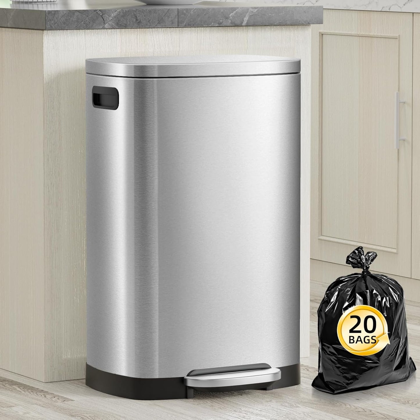 13 Gallon Trash Can with Lid, 50L Fingerprint Proof Stainless Steel Kitchen Trash Can with Removable Inner Bucket and Lid Soft Close, Pedal Rubbish Bin for Home Office