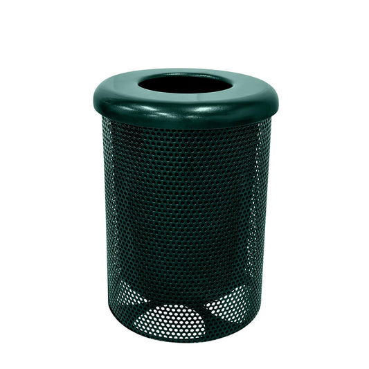 Coated Outdoor Furniture 32-Gallon Heavy-Duty Punched Steel Round Trash Receptacle, Commercial Outdoor Waste Bin with Liner & Black Flat Top Lid – Made in America (Textured Dark Green)